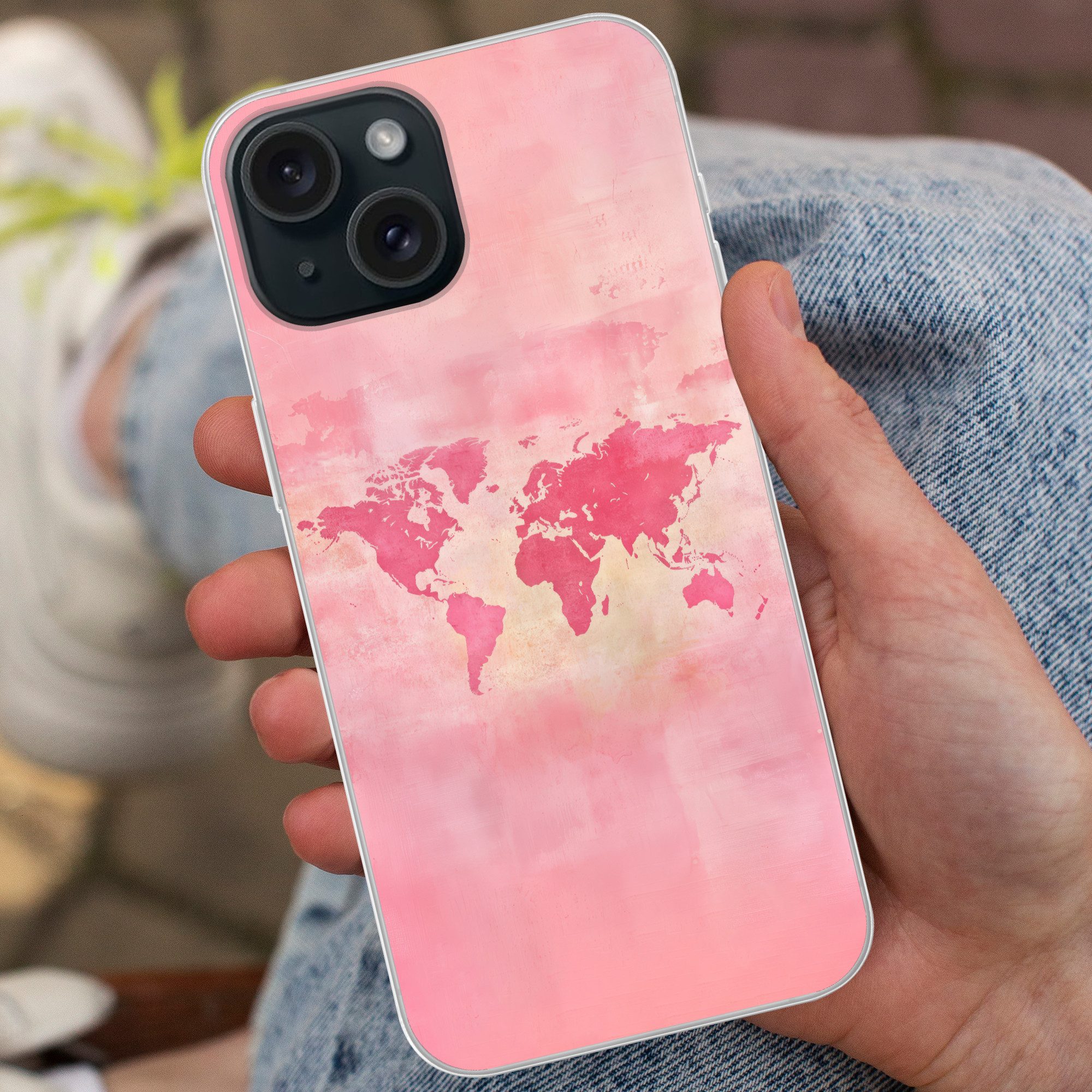 MuchoWow Handyhülle für Apple iPhone 15 Weltkarte - Rosa - Unscharf, Smartphone-Bumper, Print, Handy Schutzhülle Dünn
