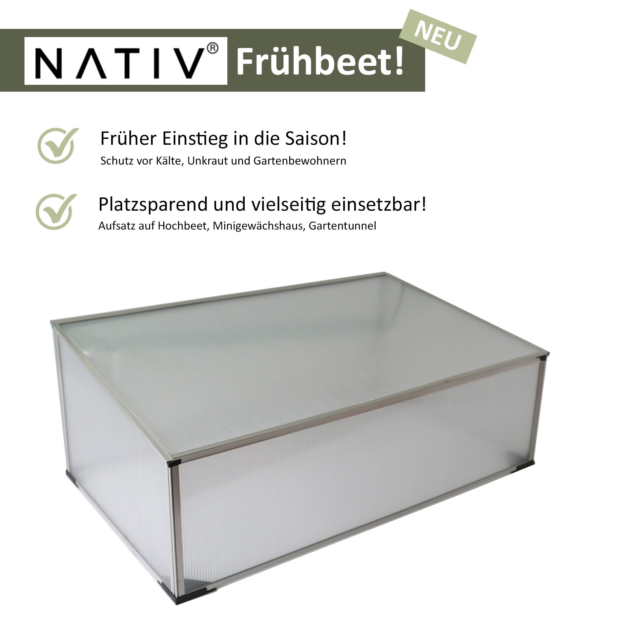 NATIV Frühbeet aus 1 mm starkem Aluminium, Treibhaus mit Aufstelldach, Dach mit 3 Öffnungsstufen