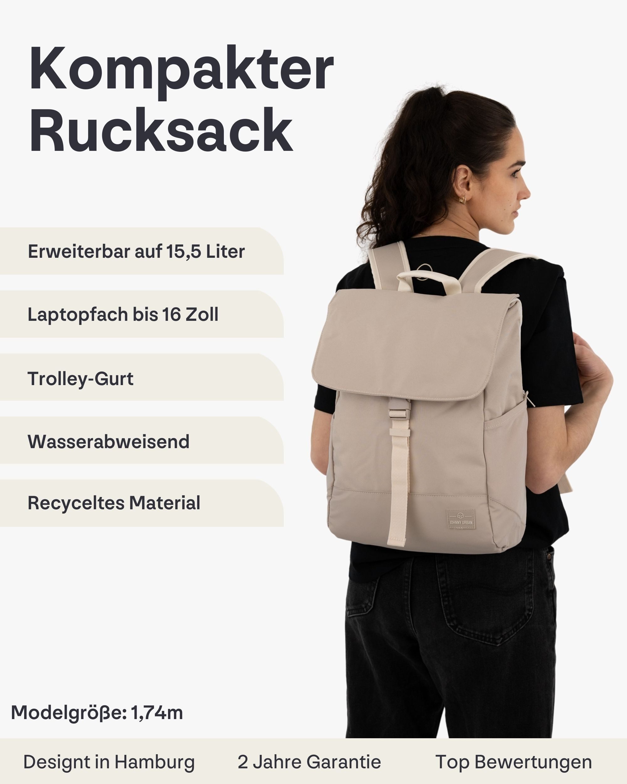 Johnny Urban Cityrucksack MIKA, Rolltop Damen Herren, Laptop Fach (1-tlg), Flexible Größe, Gepolstertes Laptopfach, Wasserabweisend