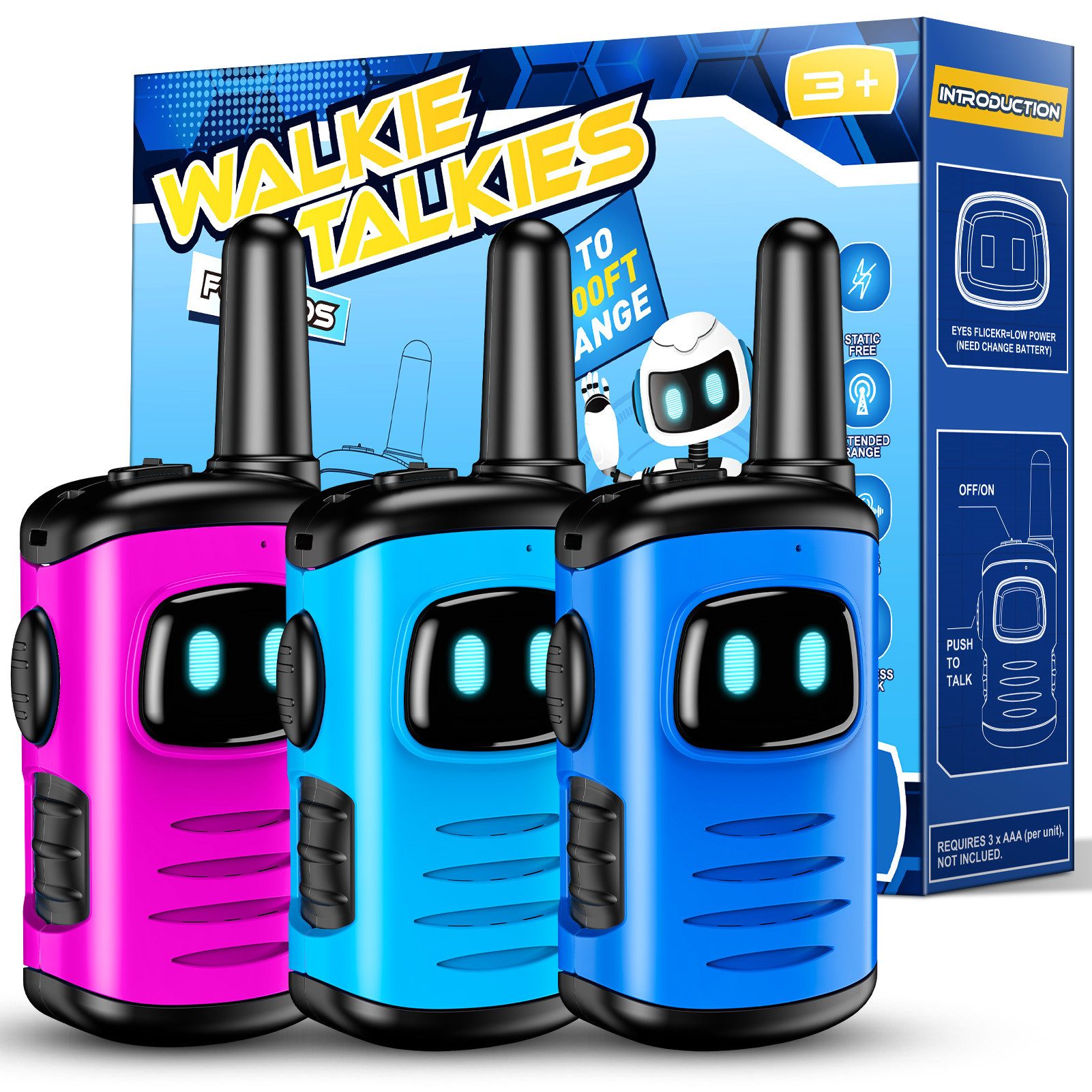 Wootoy Walkie Talkie Funkgeräte Kinder Roboter-Walkie-Talkies Spielzeug, (mit Reichweite von bis zu ca. 300 m unter geeigneten Bedingungen, 3-St., Push-to-Talk-Bedienung LED-Display Kindgerechtes Design ab 3 Jahren), kinderspielzeug in Geschenkbox Indoor-