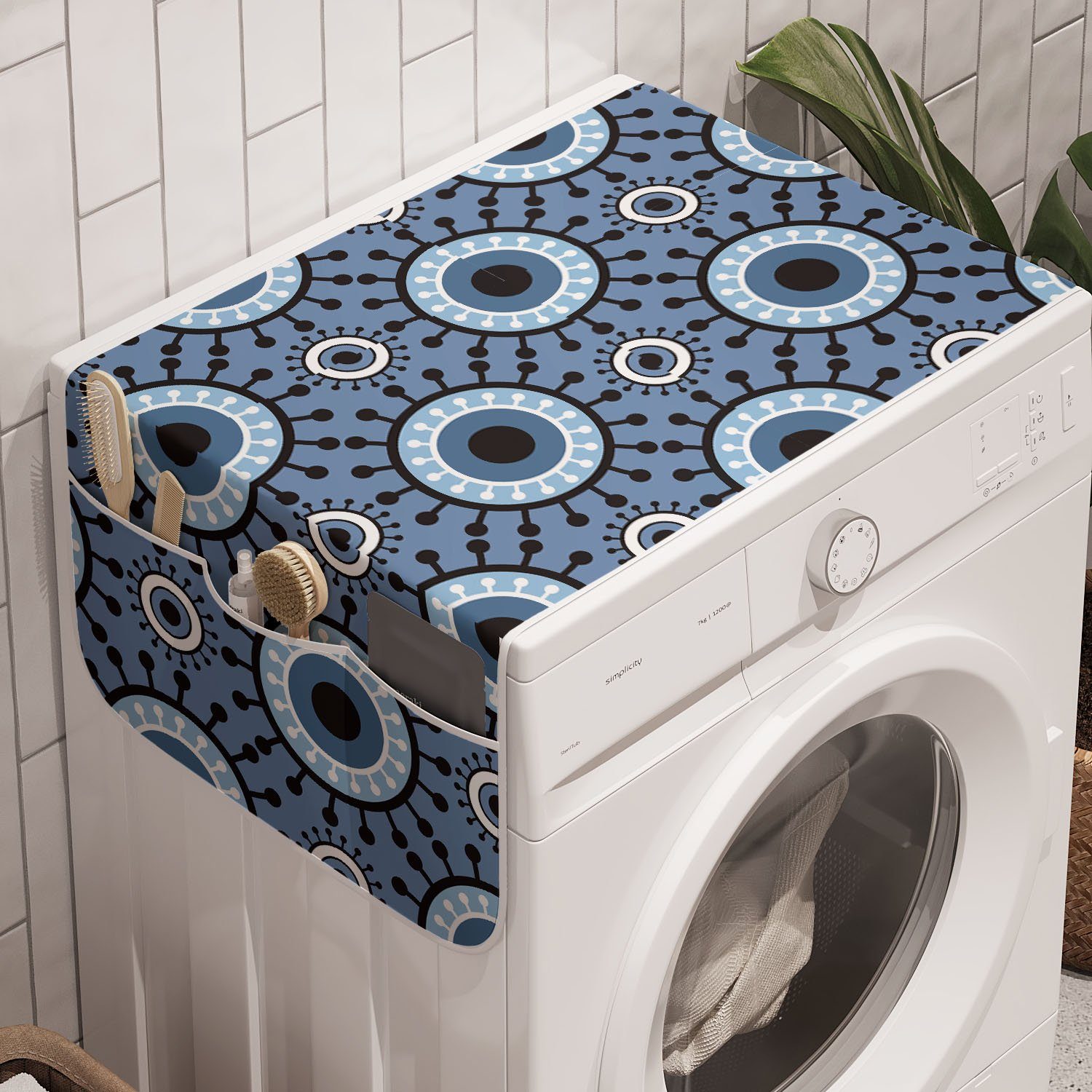 Abakuhaus Badorganizer Anti-Rutsch-Stoffabdeckung für Waschmaschine und Trockner, Blau und weiß floral Kreise