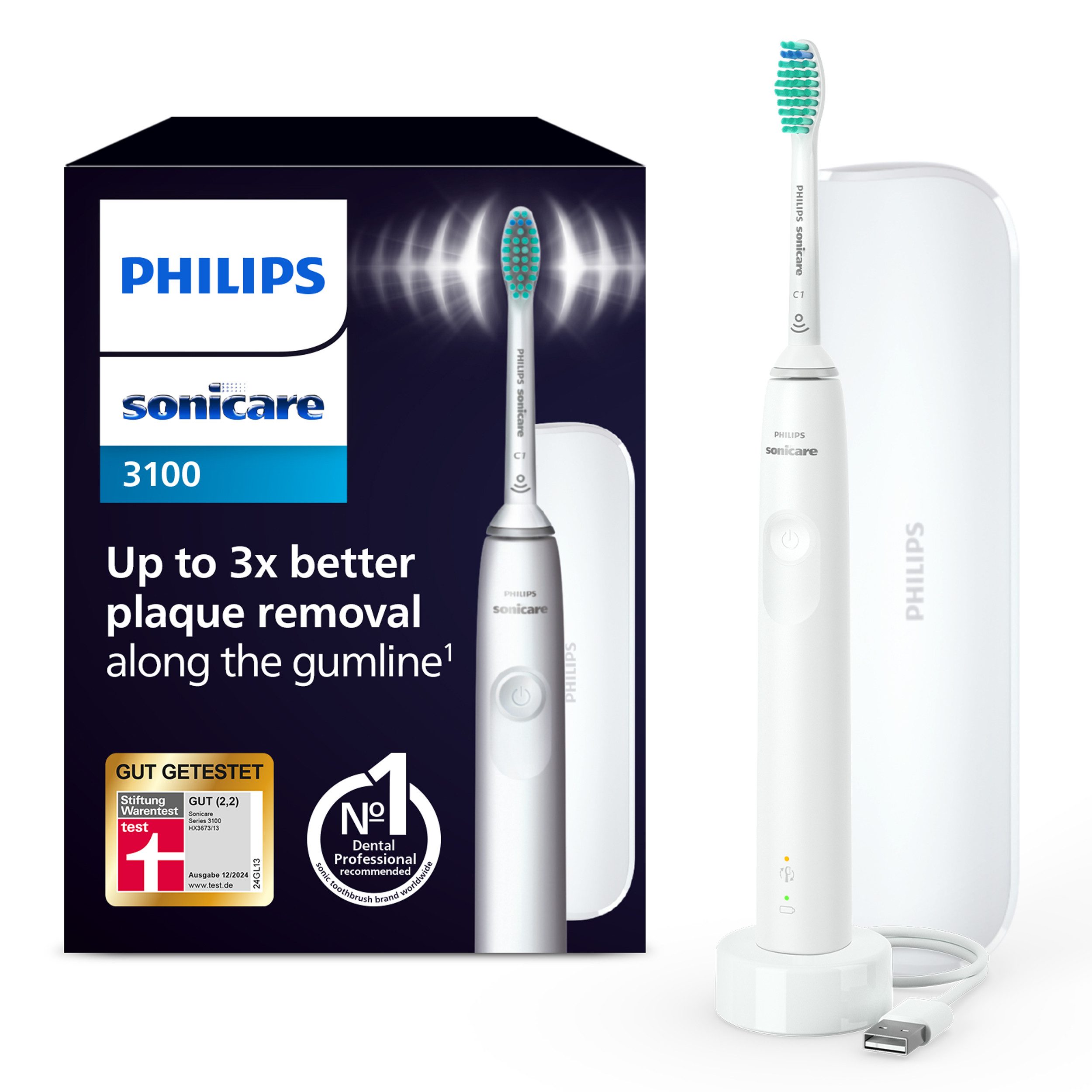 Philips Sonicare Elektrische Zahnbürste Series 3100 HX3673, Aufsteckbürsten: 1 St., mit Schalltechnologie, 4-Quadranten-Timer und 2-Minuten-Timer