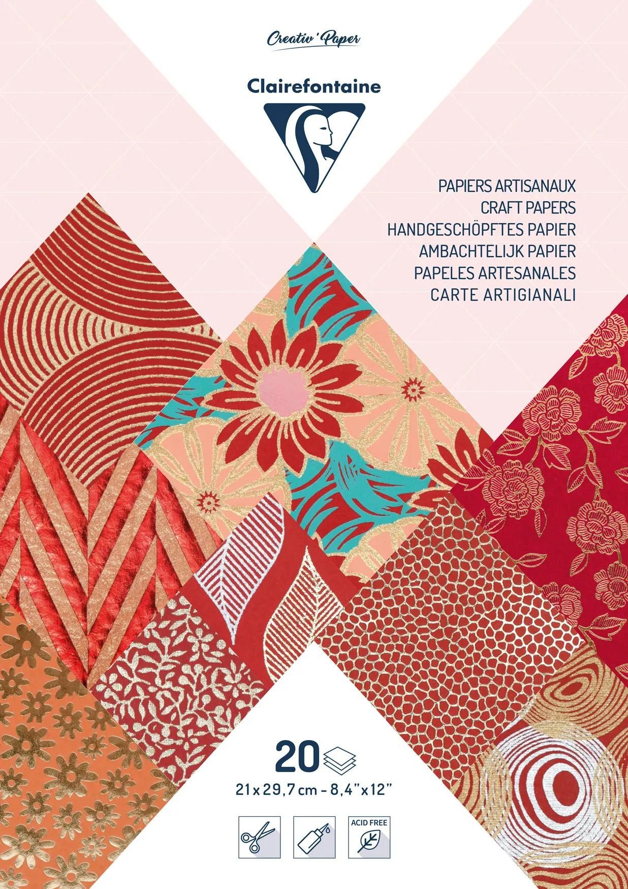 CLAIREFONTAINE Bastelkartonpapier 3x Papiere aus aller Welt, Block geleimt A4, 20 Blatt Rot 95090C, Handgeschöpftes Papier