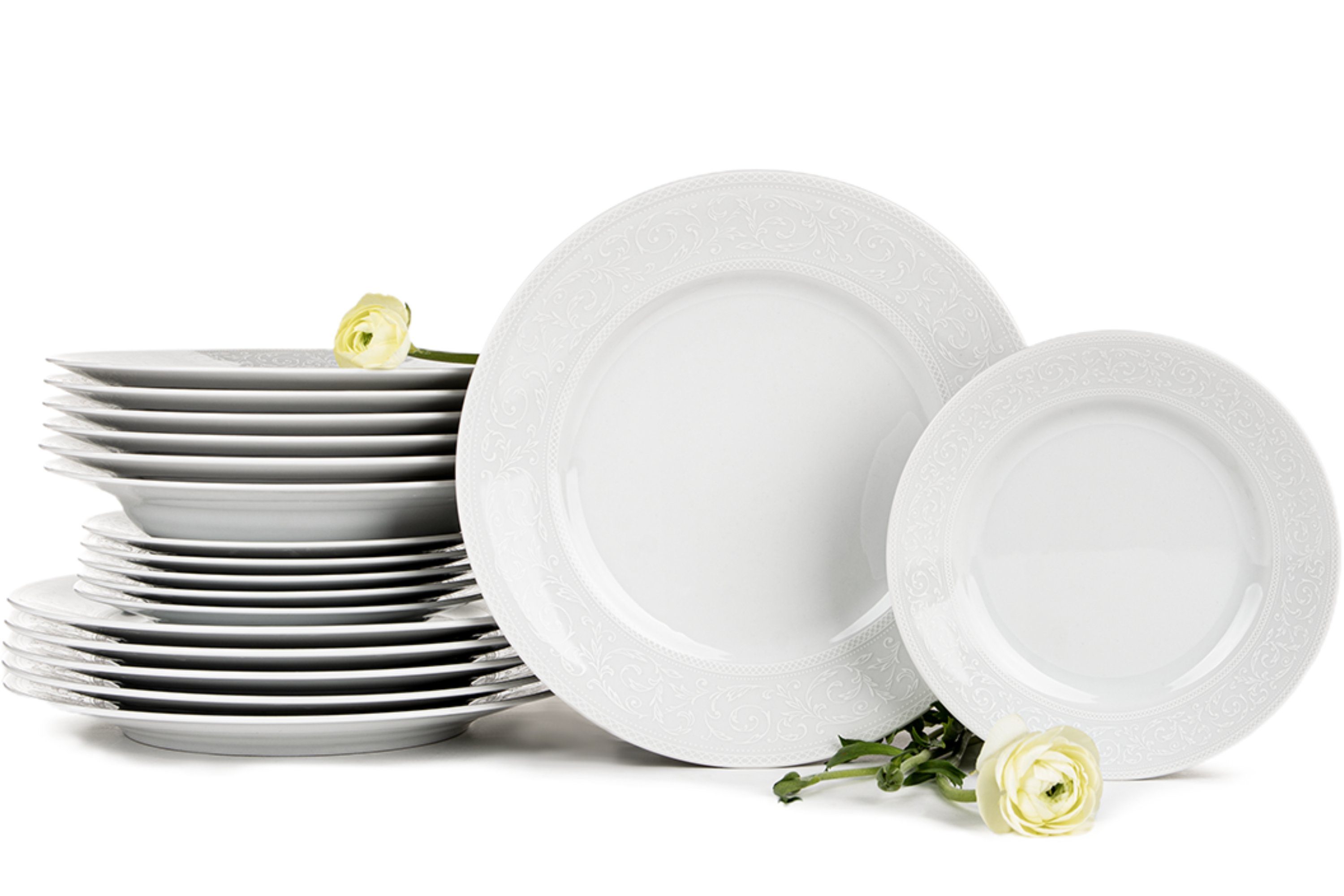 KONSIMO® Tafelservice AMELIA Speiseteller Dessertteller Suppenteller (18-tlg), 6 Personen, Porzellan, rund, Klassisch-Stil