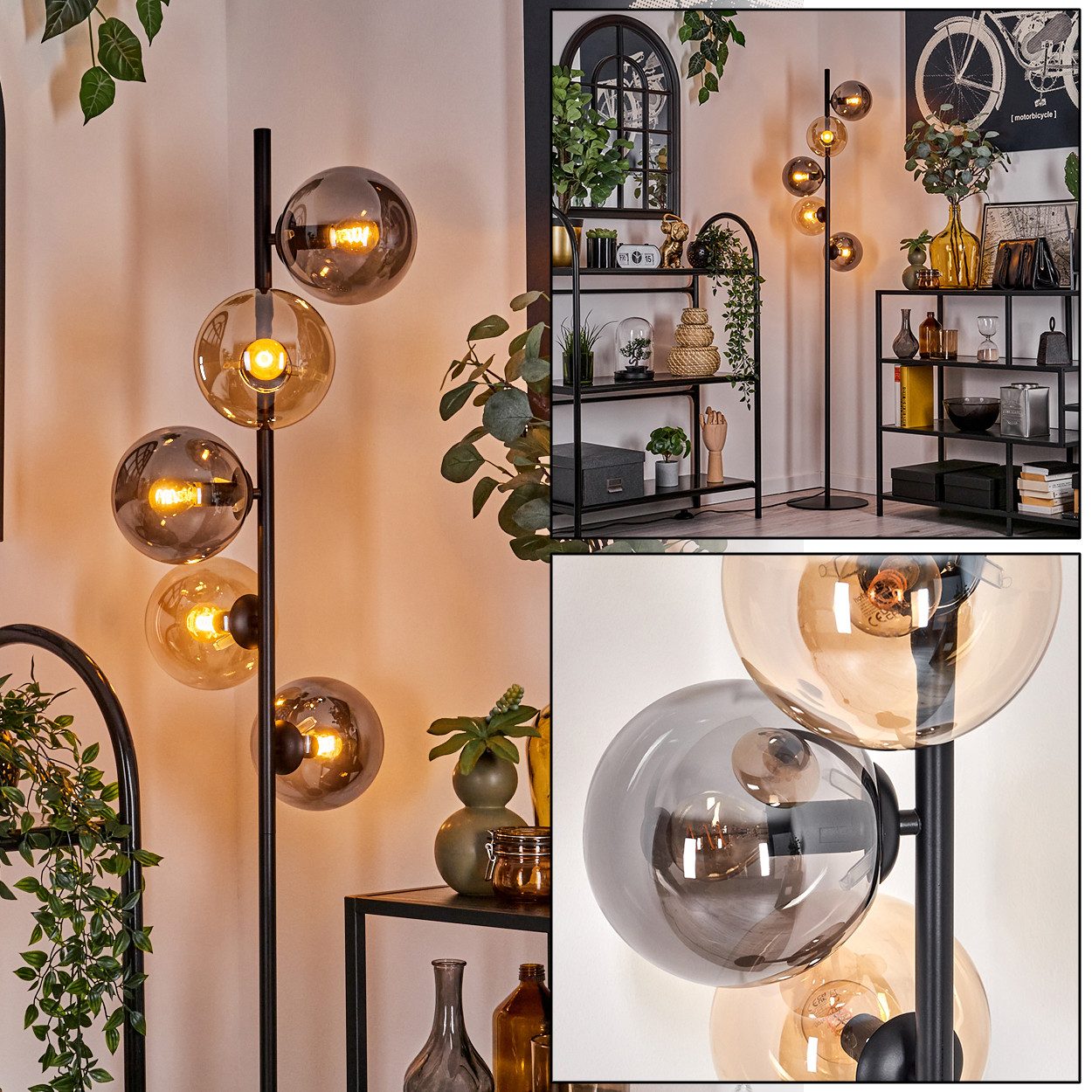 hofstein Stehlampe Stehlampe aus Metall/Glas in Schwarz/Rauchfarben/Bernstein, ohne Leuchtmittel, Leuchte mit Glasschirmen (15cm),Schalter, 5 x E14, ohne Leuchtmittel