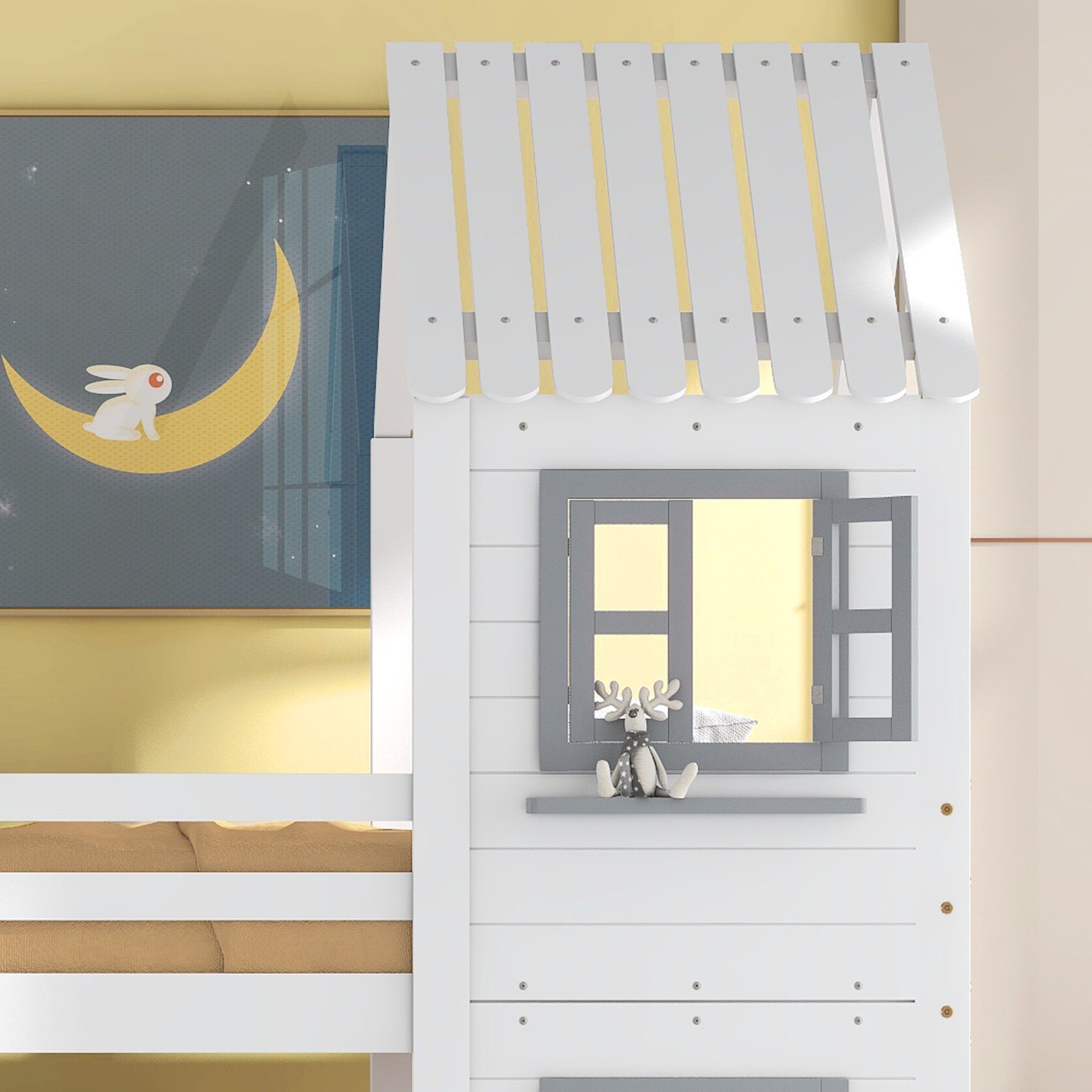 Etagenbett (Hochbett Kinderbett 90x200 cm), inklusive Trittleiter und Rundum-Absturzschutz, Kiefer