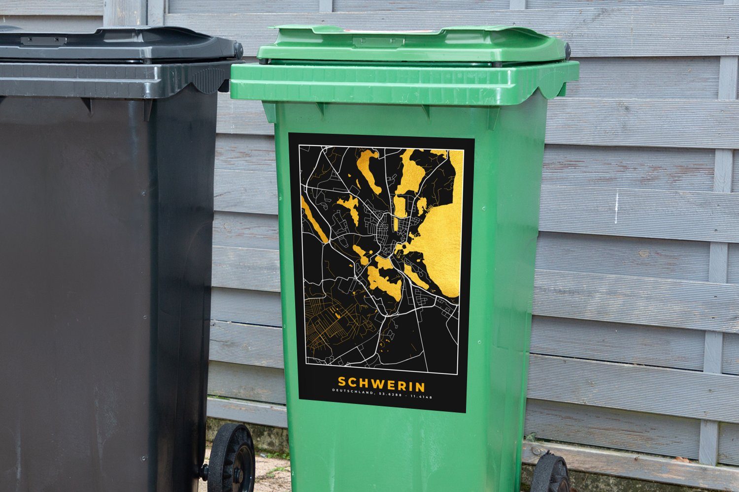 St), Abfalbehälter Mülleimer-aufkleber, Mülltonne, Container, - MuchoWow Stadtplan Schwerin Gold (1 - Sticker, Deutschland - Karte Wandsticker -