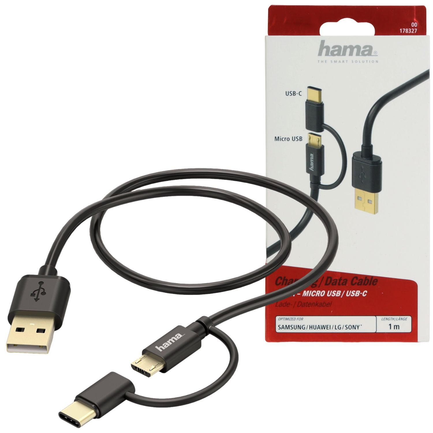 Hama 2in1 Ladekabel Daten-Kabel Micro-USB + USB-C USB-Kabel, USB-A, USB-C, Micro-USB, (100 cm), Adapter Ladegerät Lader Kabel für Smartphone Tablet Bluetooth Speaker