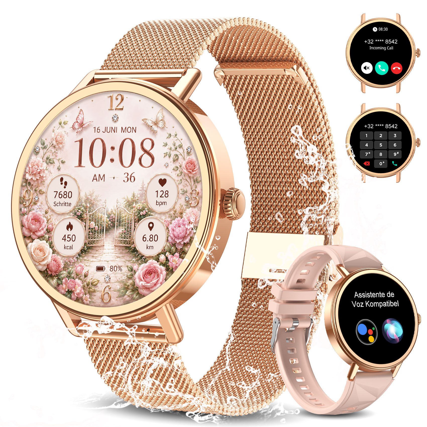 blackview Smartwatch X30 1,26″ für Damen mit Telefonfunktion undFitness-Tracking Smartwatch (4 cm/1.26 Zoll, iOS/Android) Set, mit Wechselband aus weichemSilikon und Ladekabel, 5 Tage Akkulaufzeit/2 Armbänder/HF&SpO₂& Blutdruck/100+ Sportmodi,IP68