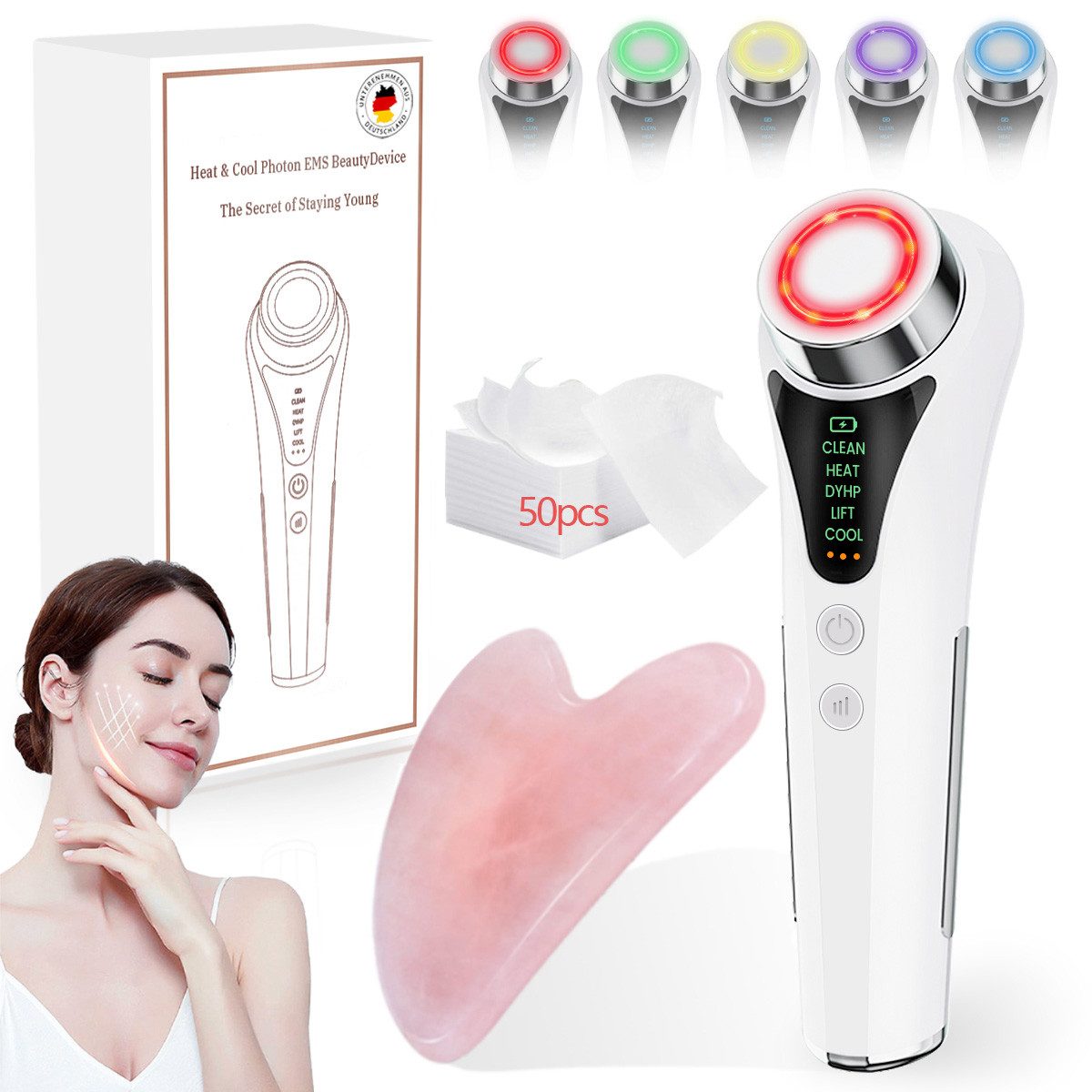 FOSMET Gesichtsmassagegerät 6-in-1 Gesichtsmassagegerät mit EMS,RF,LED in 5 Farben,Wärme & Kühlung, Elektrisches Gesichtstool für tägliche Pflege & entspannende Massage