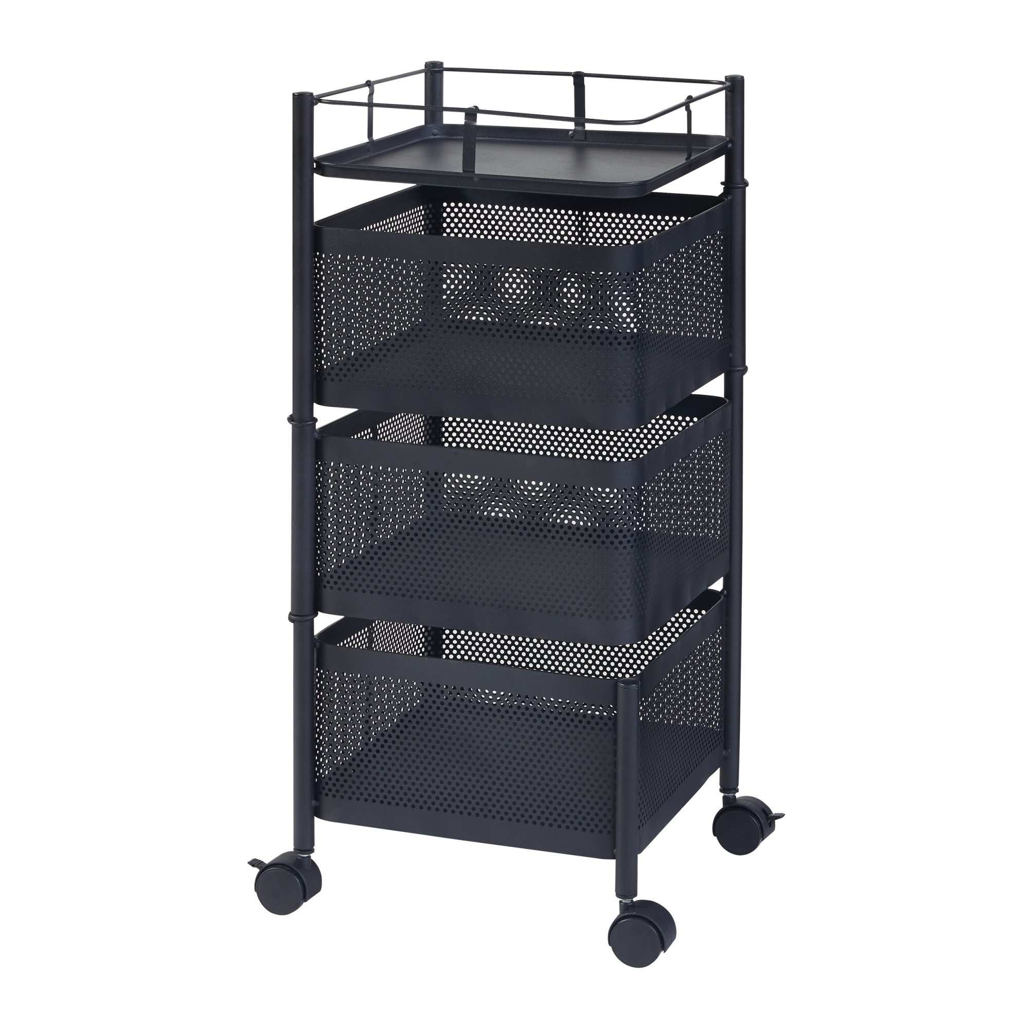 en.casa Rollwagen, »Sunndal« Servierwagen mit 3 Ablagekörben 64,5x27x27cm Schwarz