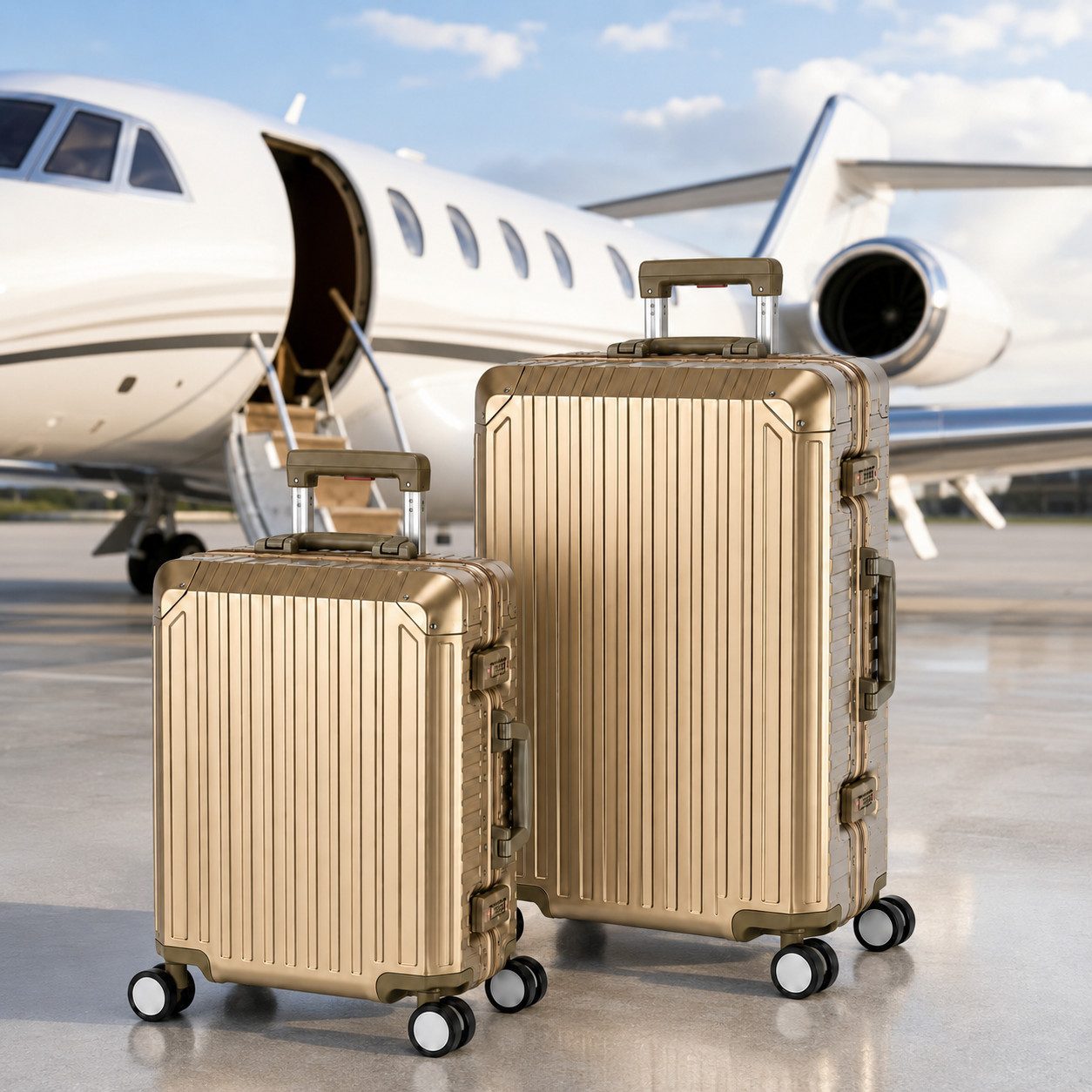 Travelhouse Kofferset 100% Aluminium TOKYO - verschiedene Farben, 4 Rollen, (2 tlg., S+M), Zipperless - Kein Reißverschluss, TSA Zahlenschloss, Nassfach