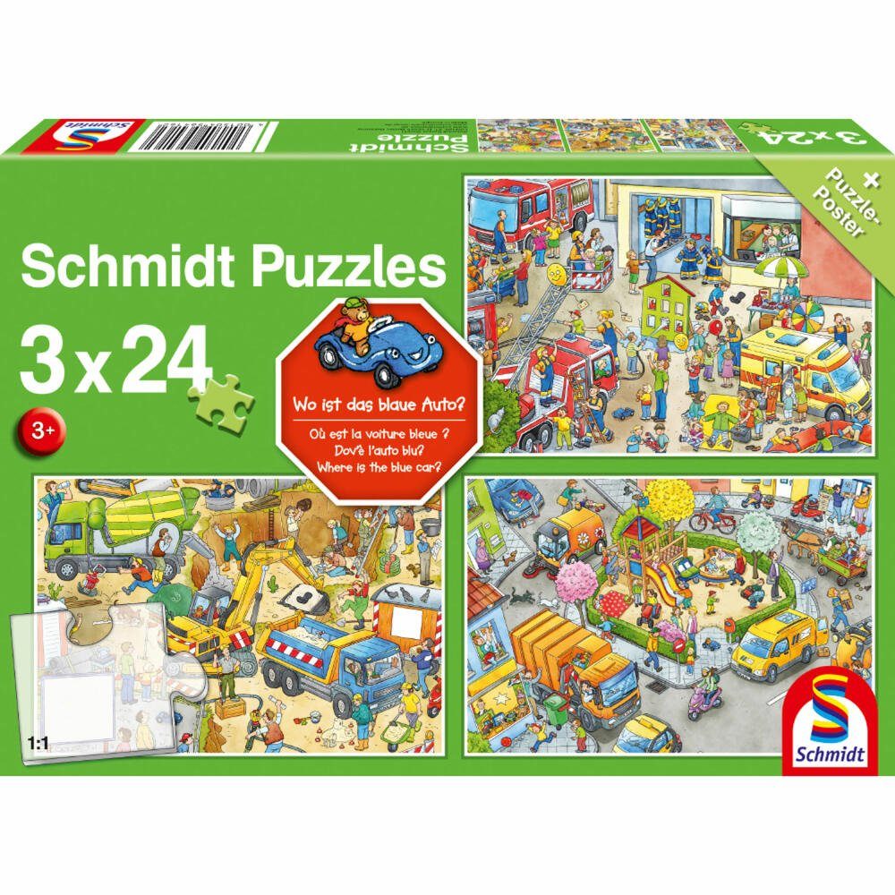 Schmidt Spiele Puzzle Wo ist das blaue Auto? 3 x 24 Teile, Puzzleteile