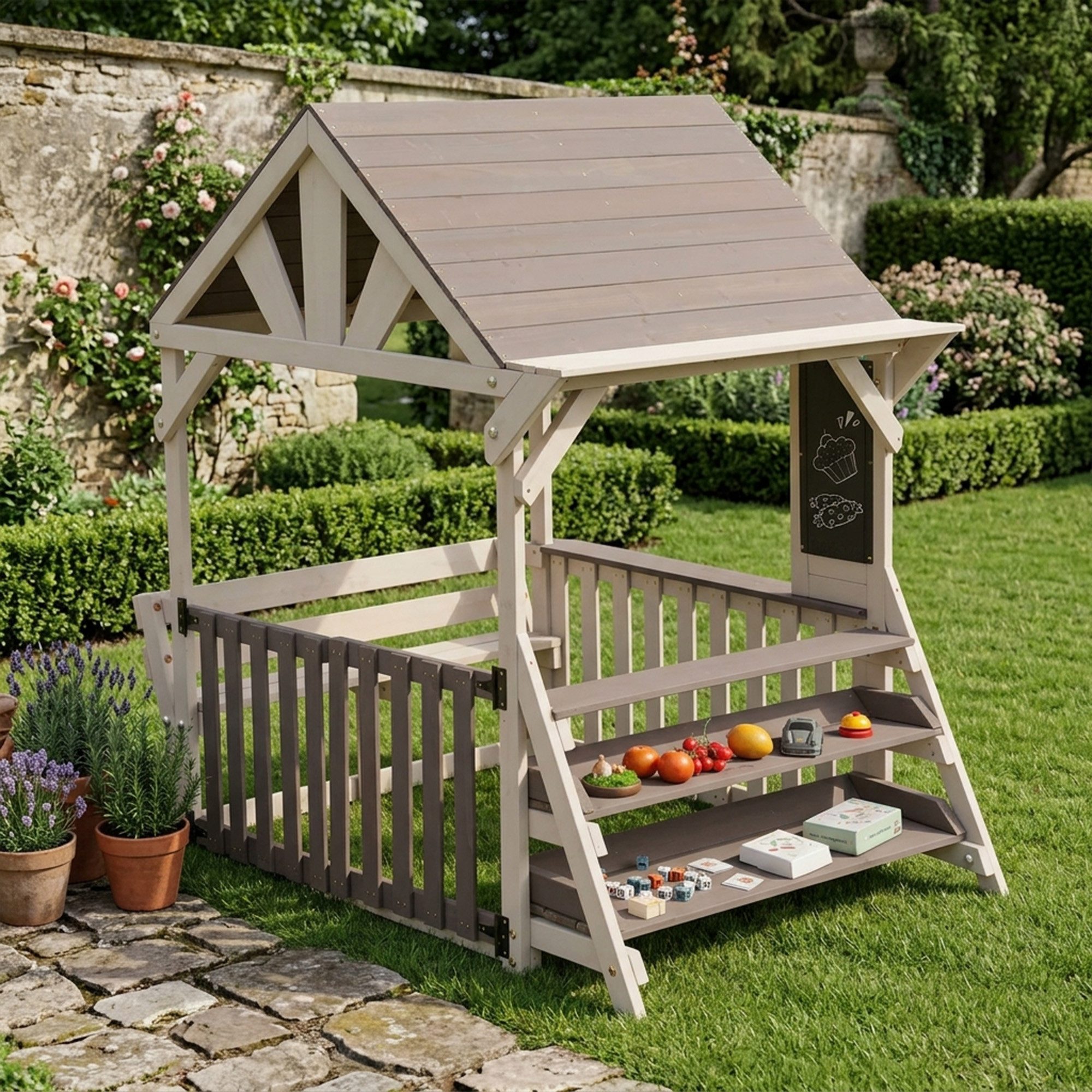 Flieks Outdoor-Spielküche Massivholz, Hausform Kinderküche Küchenset mit regensicherem Dach 147.5x114x156cm