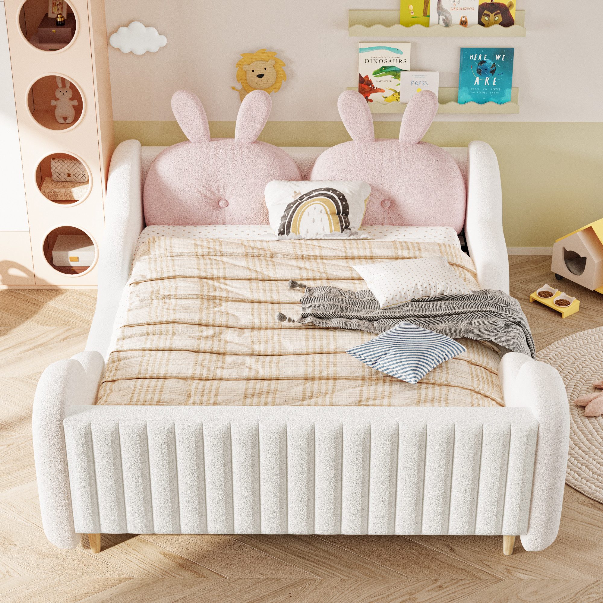 Flieks Polsterbett, Kinderbett 140×200cm mit Hasenform-Kopfteil und Wolkenform-Seitenteil