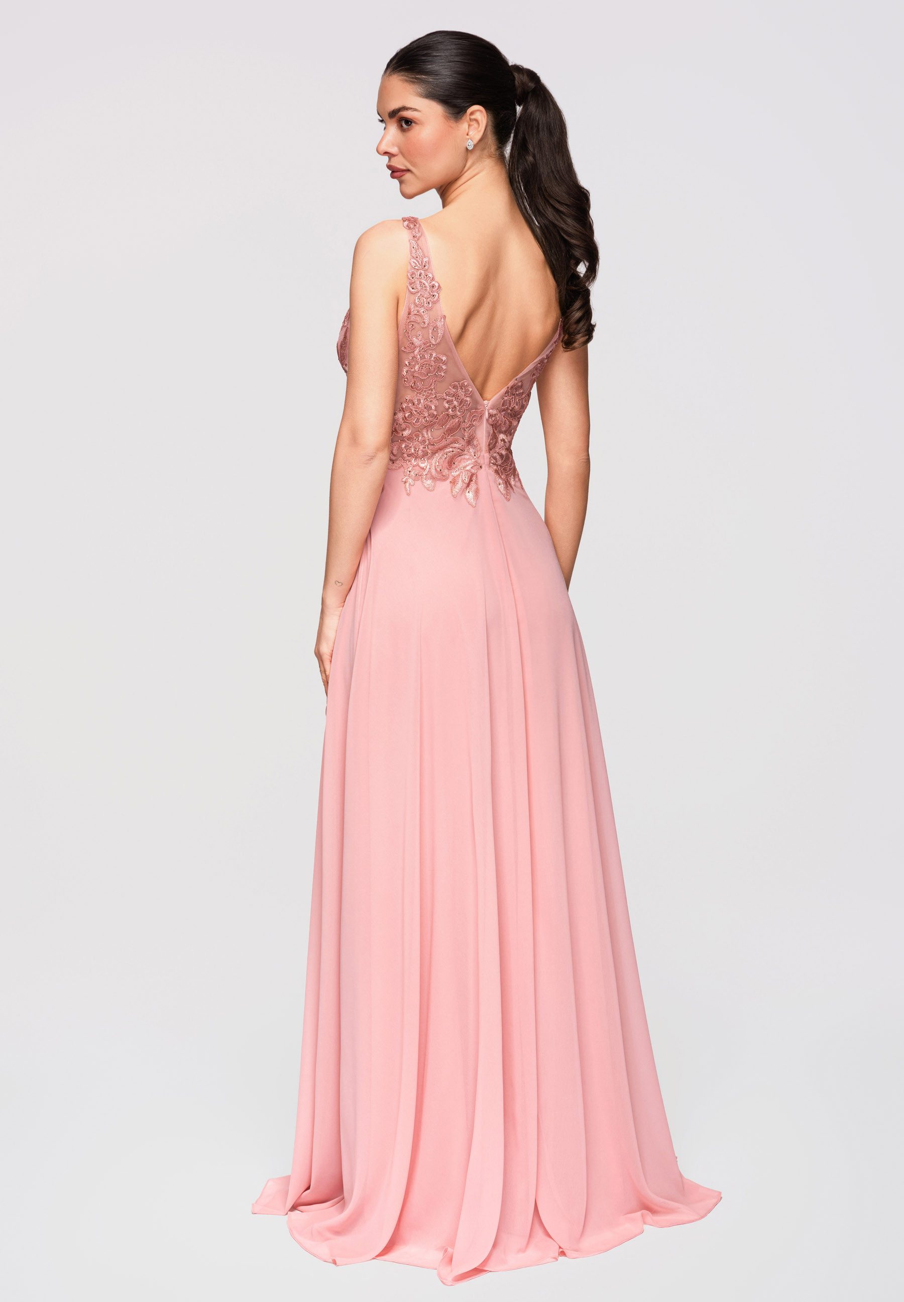 OMBRE Abendkleid Abendkleid Maxikleid Spitze Elegant Koralle M (kein Set, 1-tlg) Transparente Elemente, Koronkowy Saum