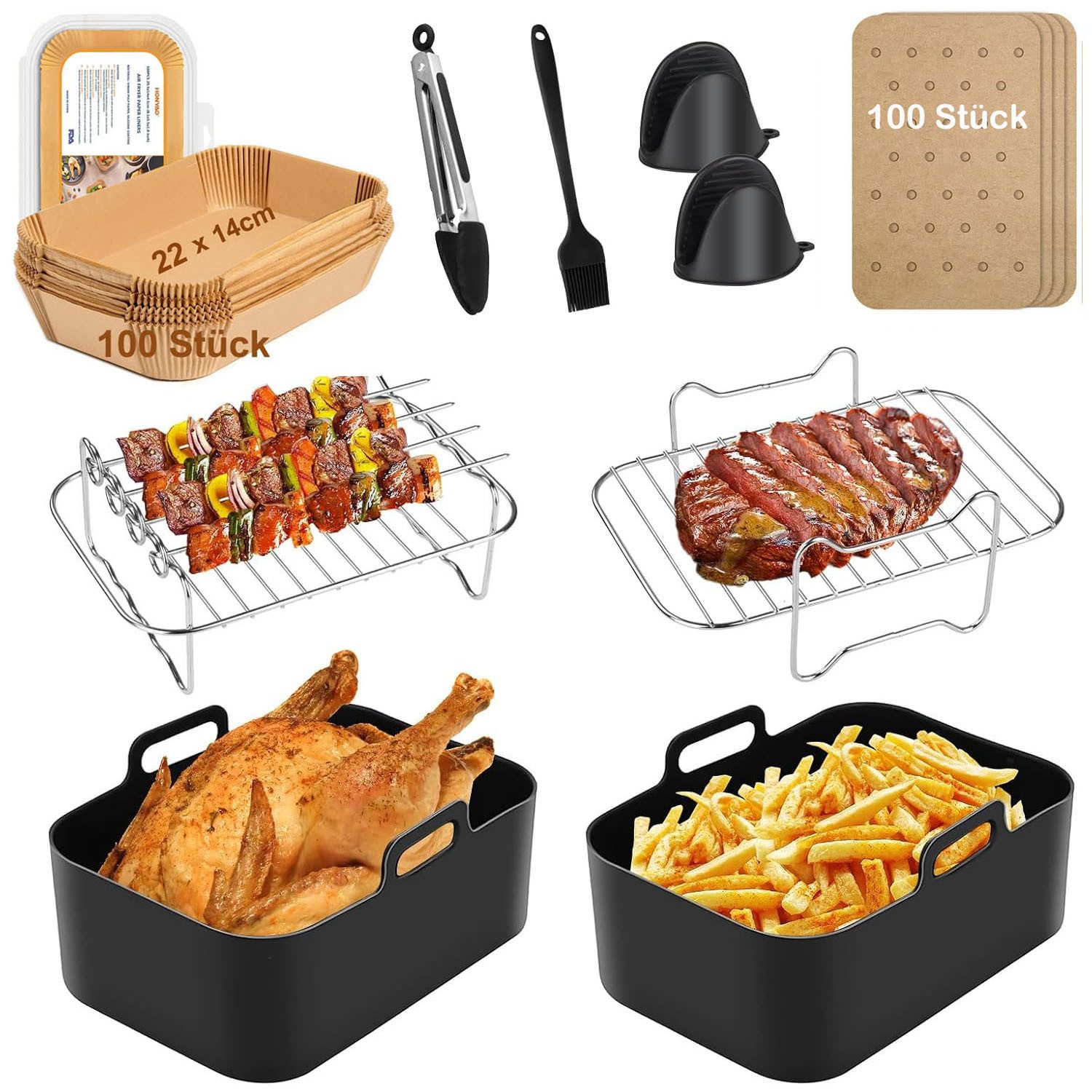 SURFOU Backform Heißluftfritteuse zubehör airfryer zubehör 15-teilig BPA-frei fürNinja, (für Ninja Foodi AF300EU AF400EU 7,6L-9,5L und die meisten Dual Zone Heißluftfritteusen, Schnell zubereitet, gesund, fettarm, 304Edelstahl, Lebensmittelechtes Silikon,