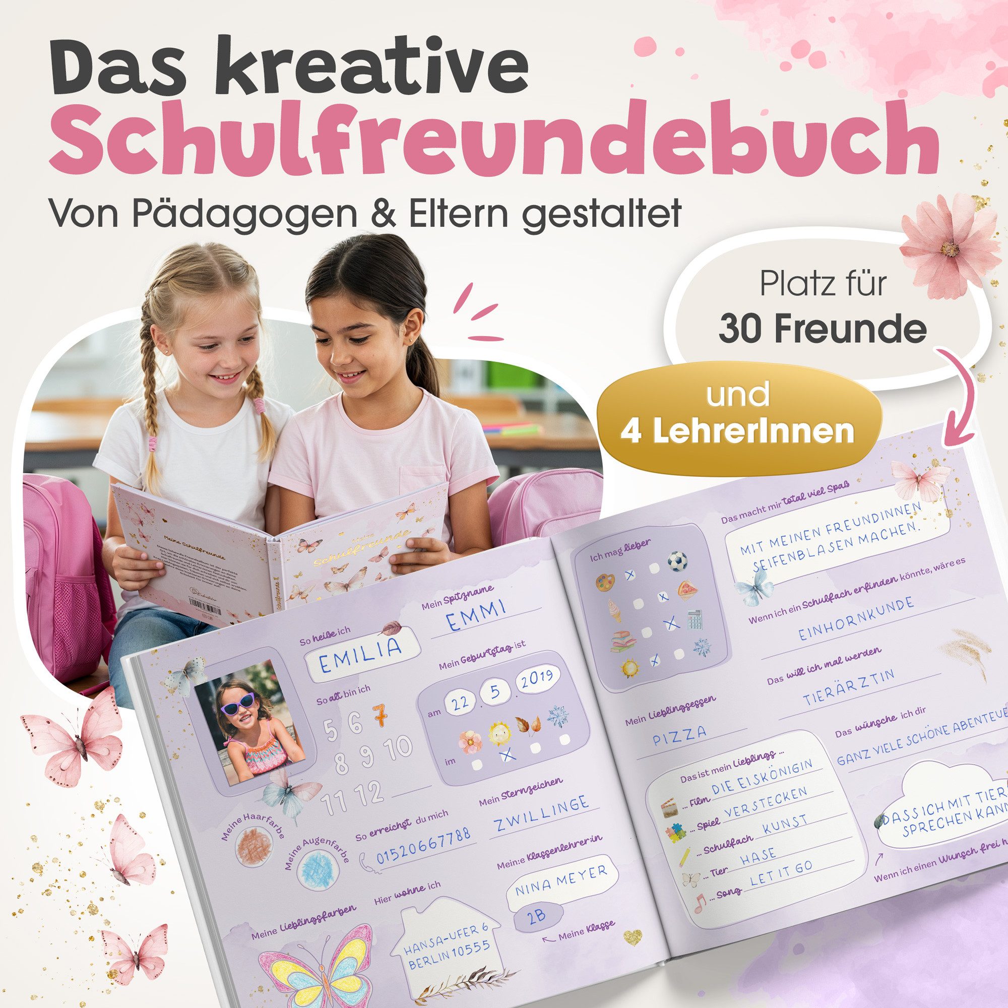 Eulentaler Freundebuch für Mädchen (Schule) I von Pädagogen gestaltet, Schmetterlinge, Blumen & Goldprägung, Geschenk für Schulkinder – Bild 3 von 5