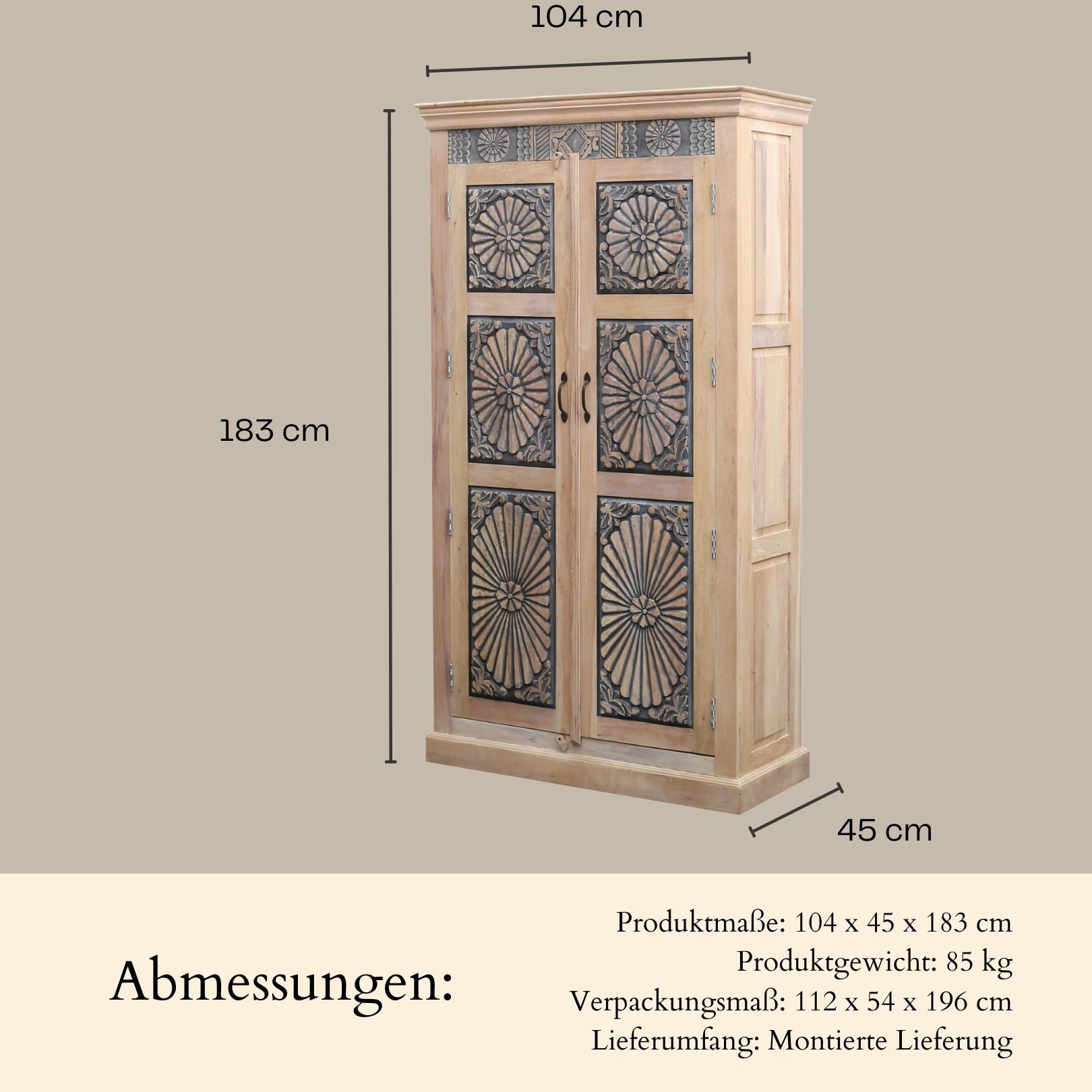 Marrakesch Orient & Mediterran Interior Highboard Kleiderschrank Abilene handgefertigt aus Teakholz Möbel massiv 183 cm (1 St), Handarbeit