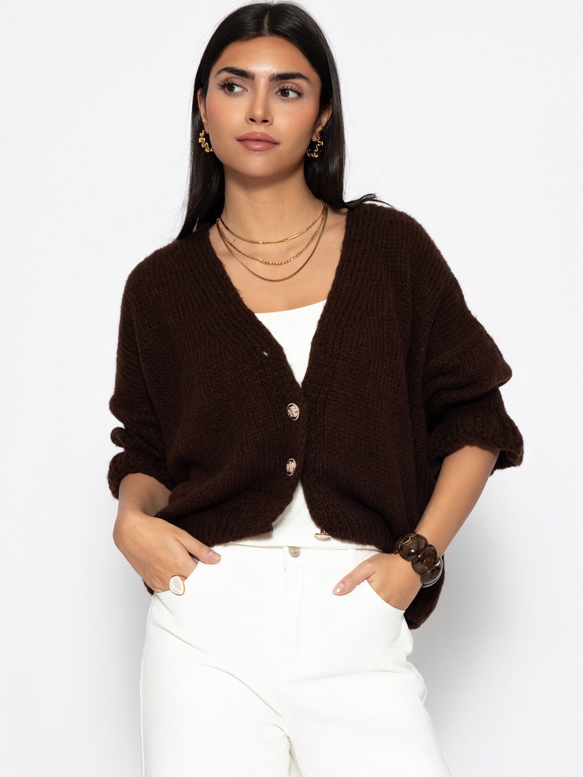 SASSYCLASSY Cardigan Cardigan mit 3/4-Ärmeln für Damen Cozy Cardigan mit Ballonärmeln und Knopfleiste und Volants