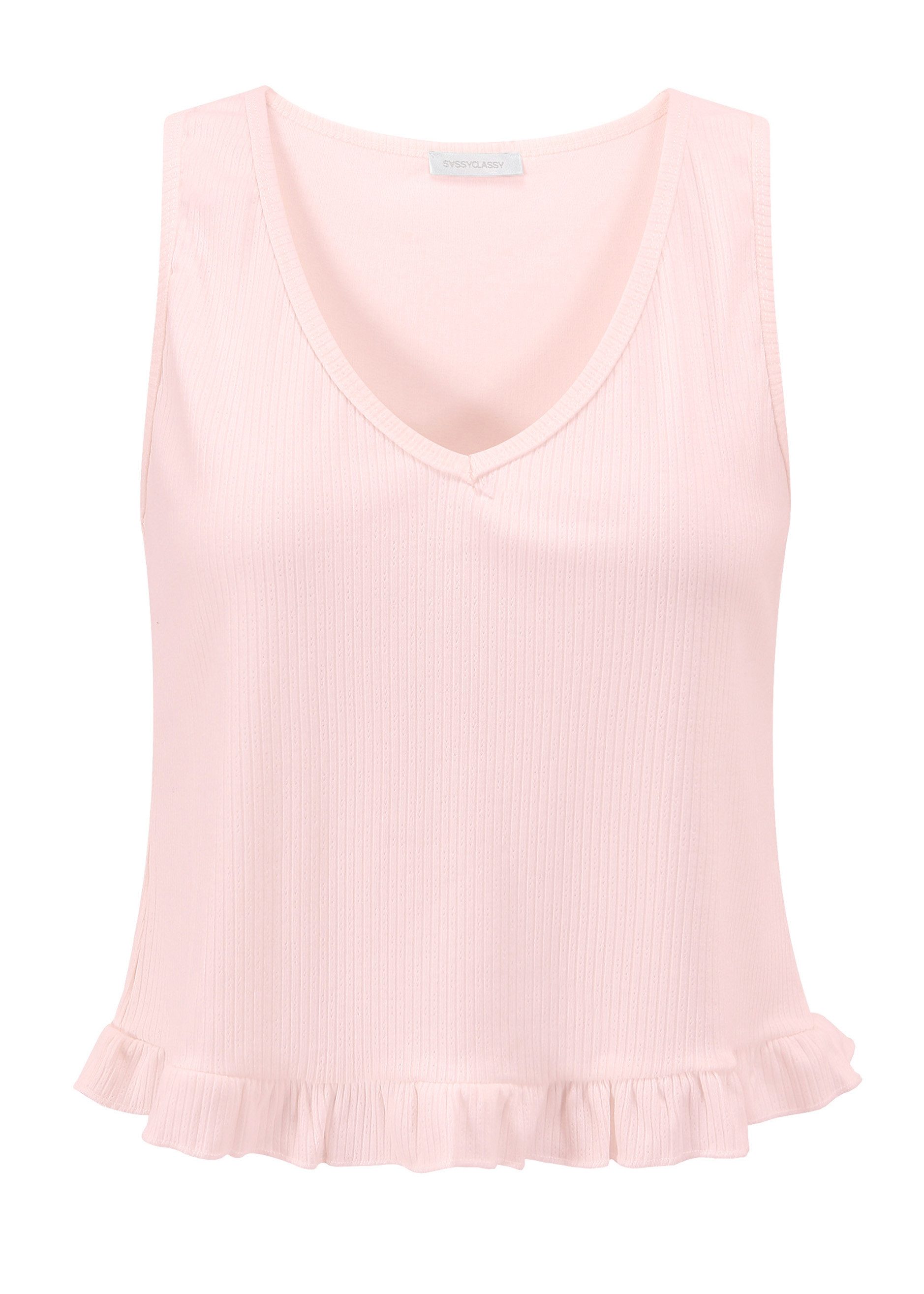 SASSYCLASSY T-Shirt Rüsschentop Damen mit V-Ausschnitt Ärmelloses Top Rüsch günstig online kaufen