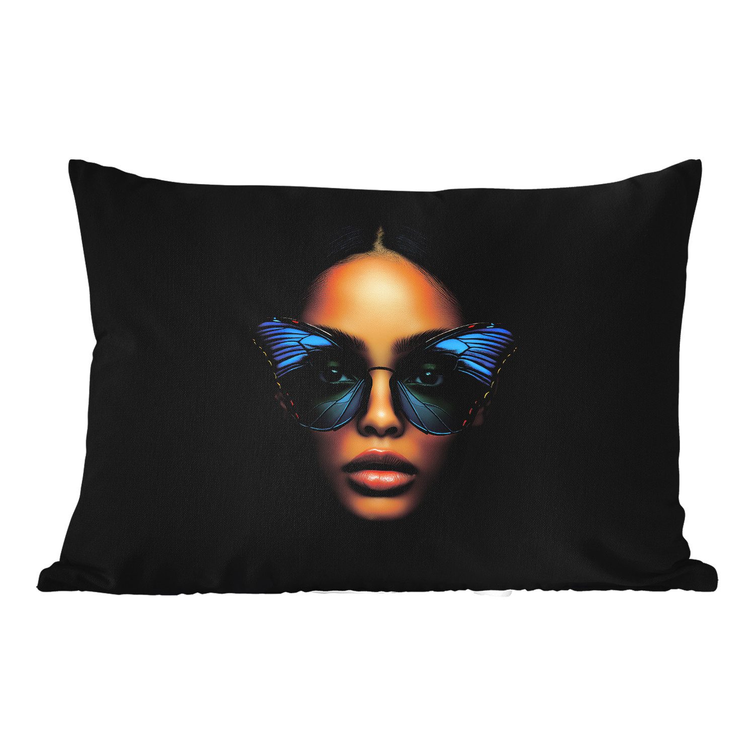 MuchoWow Dekokissen Frau - Schmetterling - Brille - Blau - Modern - Porträt, Outdoor-Dekorationskissen, Kissen, Kissenbezug, 50x30 cm