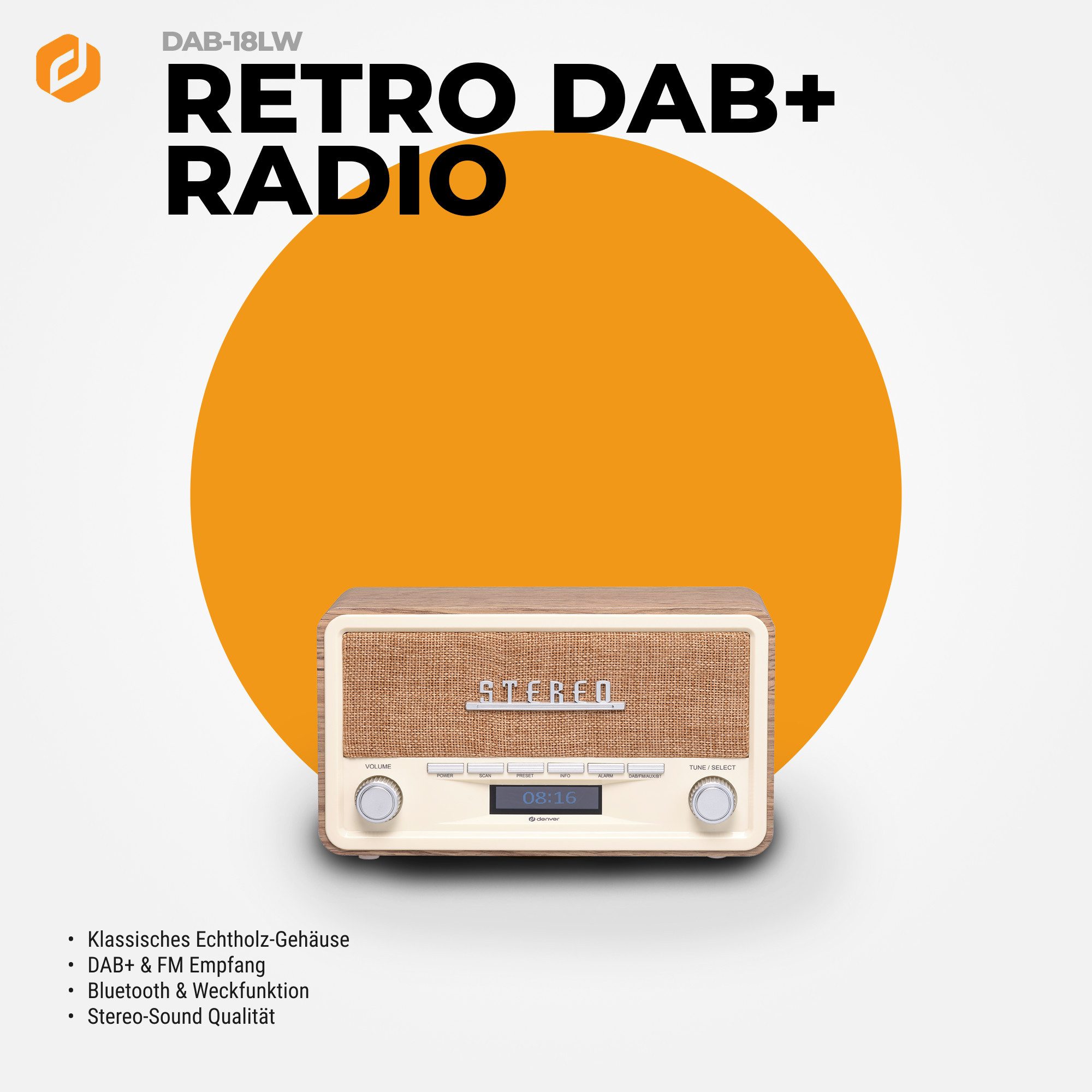 Denver DAB-18LW Digitalradio (DAB) (DAB+, FM (RDS), 4 W, Retro-Design, Bluetooth, DAB+/FM, LCD-Display, AUX-In, Teleskopantenne)