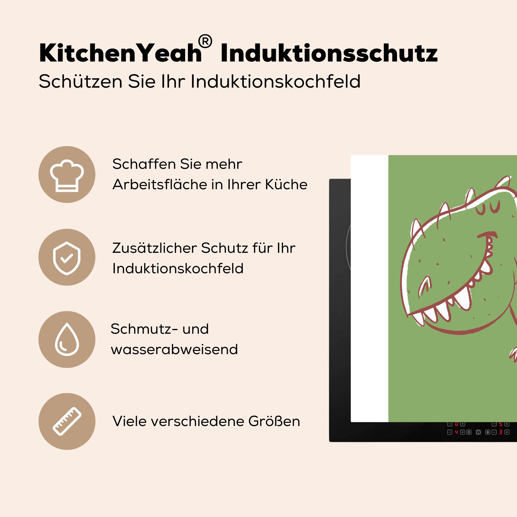 tlg), Kinder, Grün küche - - für Kinder - Herdblende-/Abdeckplatte - (1 Tiere Dinosaurier - MuchoWow cm, Ceranfeldabdeckung, 78x78 Arbeitsplatte Zeichnung Vinyl,