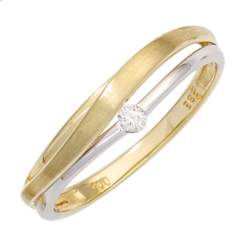 Schmuck Krone Verlobungsring Gold Gelbgold 585 bicolor, Damenring Diamant Ring Weißgold 585 Gold mit teilmatt Brillant