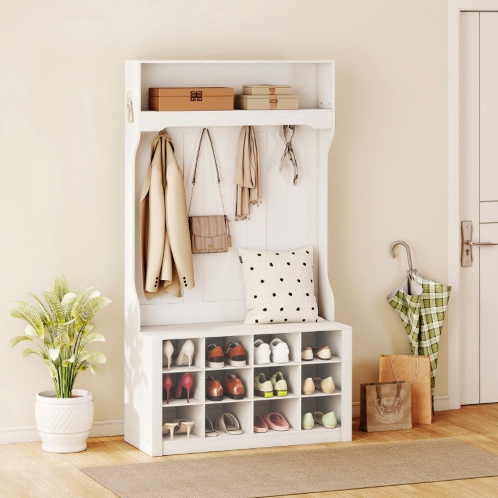 OKWISH Garderobenständer 100x172,2x35 cm mit Regal, Bank, Haken und 12 Schuhfächern, Weiß, (1 St., Aus Spanplatten & MDF für Flur & Eingangsbereich), Platzsparende Aufbewahrungslösung für Jacken, Schuhe & Accessoires