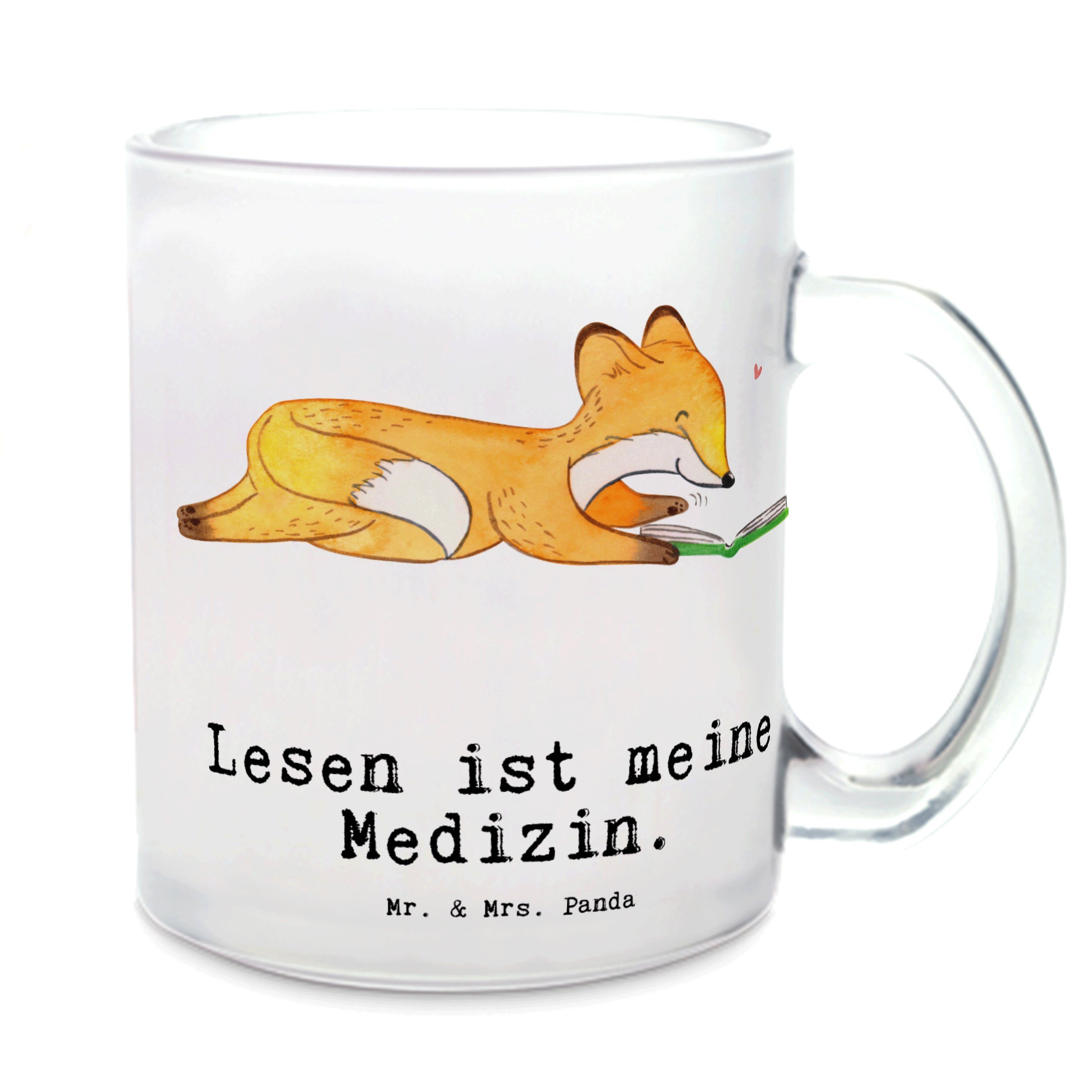 Mr. & Mrs. Panda Teeglas Fuchs Lesen - Transparent - Geschenk, Teeglas, Glas Teetasse, Teetass, Premium Glas, Edler Aufdruck