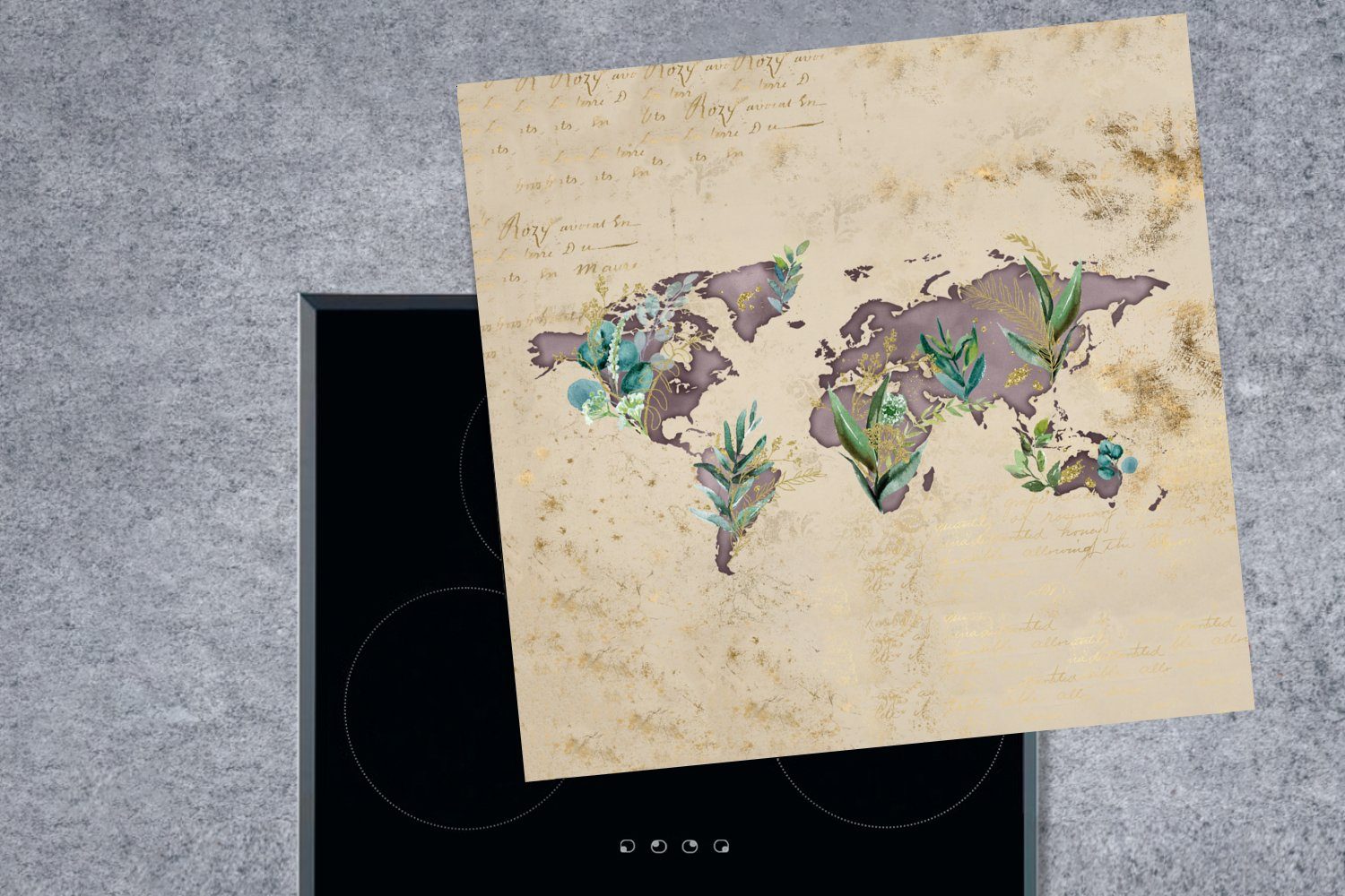 MuchoWow Herdblende-/Abdeckplatte Weltkarte - - (1 Ceranfeldabdeckung, für küche cm, Vinyl, Arbeitsplatte tlg), 78x78 Gold, Vintage