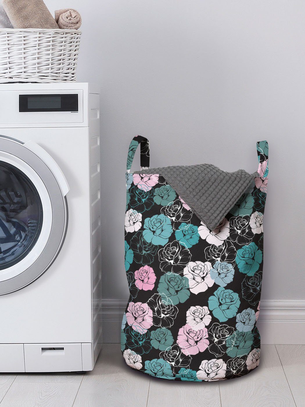 Waschsalons, Wäschekorb für mit Rosen Kordelzugverschluss Griffen Romantische Wäschesäckchen Blumenmuster Abakuhaus