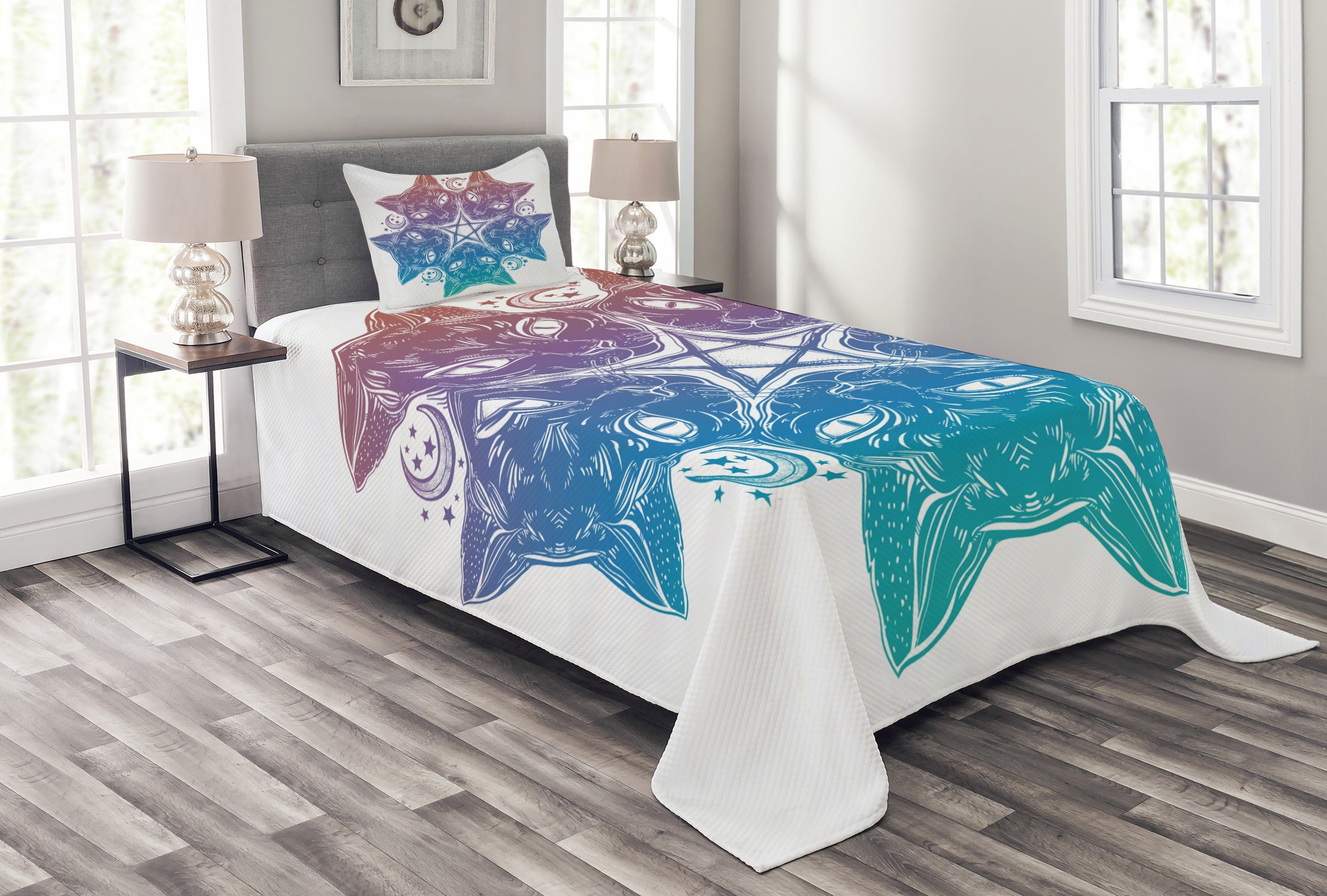 Abakuhaus, Pentacle Set Kissenbezügen mit Katzen-Mandala-Entwurf Tagesdecke Waschbar,