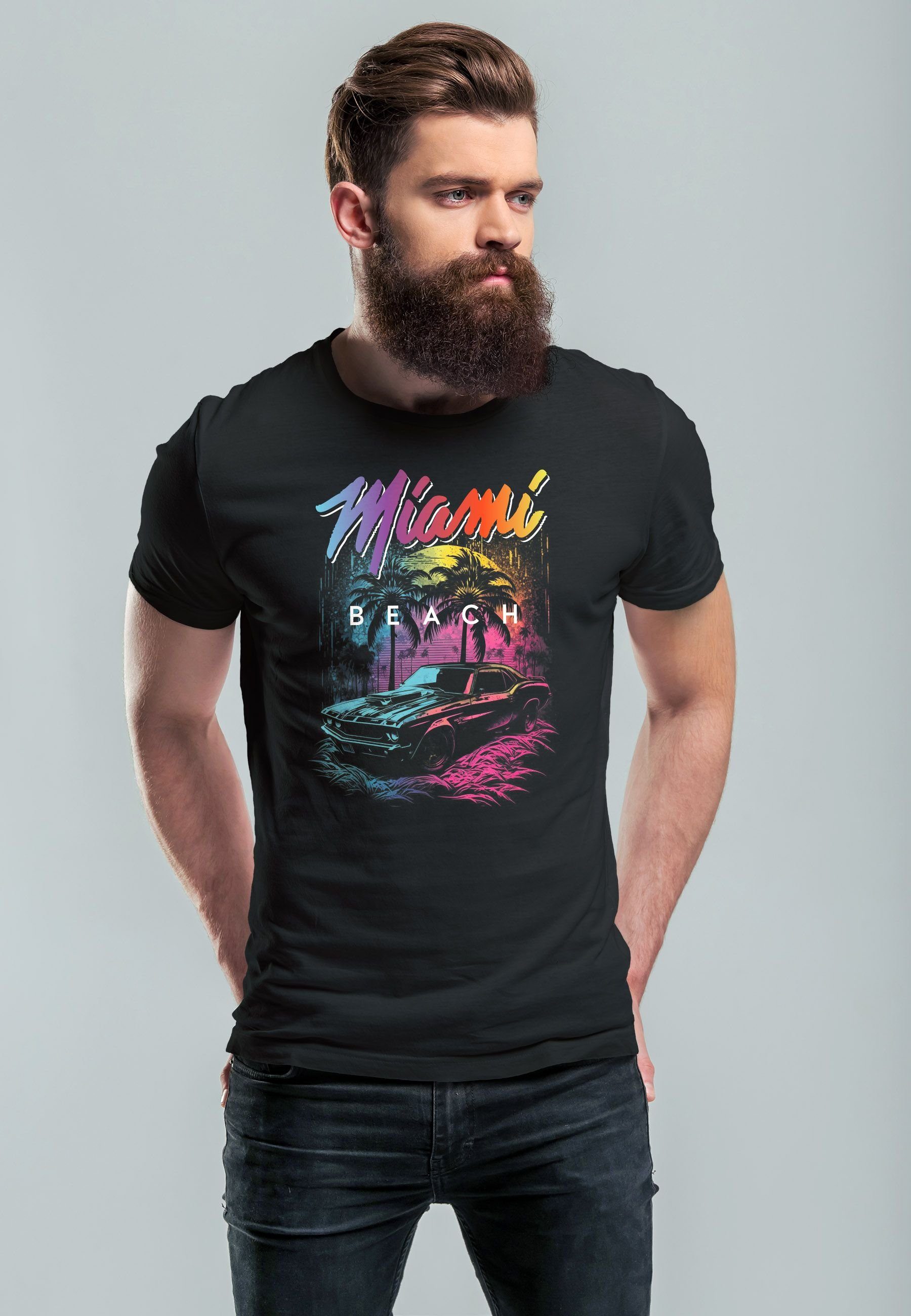 Miami Print USA Beach mit Herren Print Car Neverless schwarz Fashion T-Shirt Oldtimer Print-Shirt Palmen Stree