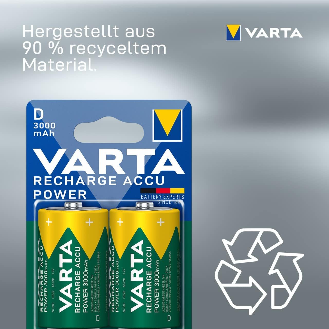 VARTA 2x Batterien D Mono, wiederaufladbar, Akku, 3000 mAh, vorgeladen Akku Mono D 3000 mAh (1,2 V, 1 St), Kein Memory-Effekt