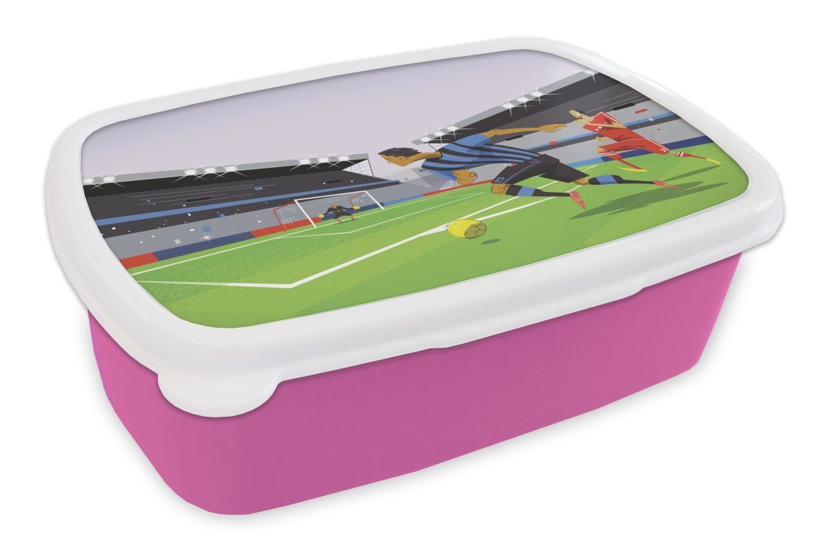 MuchoWow Lunchbox Eine Illustration von Spielern, die in einem Stadion Fußball spielen -, Kunststoff, (2-tlg), Brotbox für Erwachsene, Brotdose Kinder, Snackbox, Mädchen, Kunststoff rosa