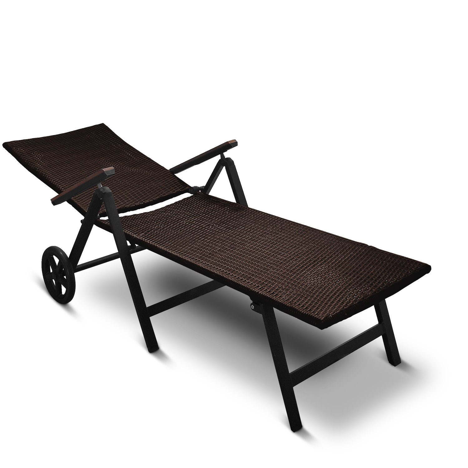 DM-Handel Rollliege Aluminium Rattanliege Modern Klappliege Sonnenliege, Relaxliege, 1 Gartenliege, 7 Fach verstellbar, Eukalyptusholz, klappbar, platzsparend, auf Rollen