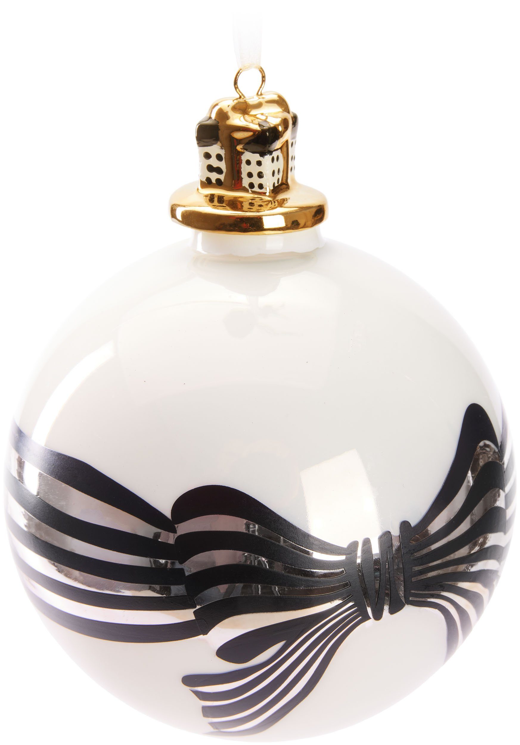 BRUBAKER Weihnachtsbaumkugel Premium Weihnachtskugel Schleife mit Geschenk - Weiß, Schwarz und Gold (1 St), 10 cm Baumkugel aus Glas mit Geschenkbox Figur aus Porzellan
