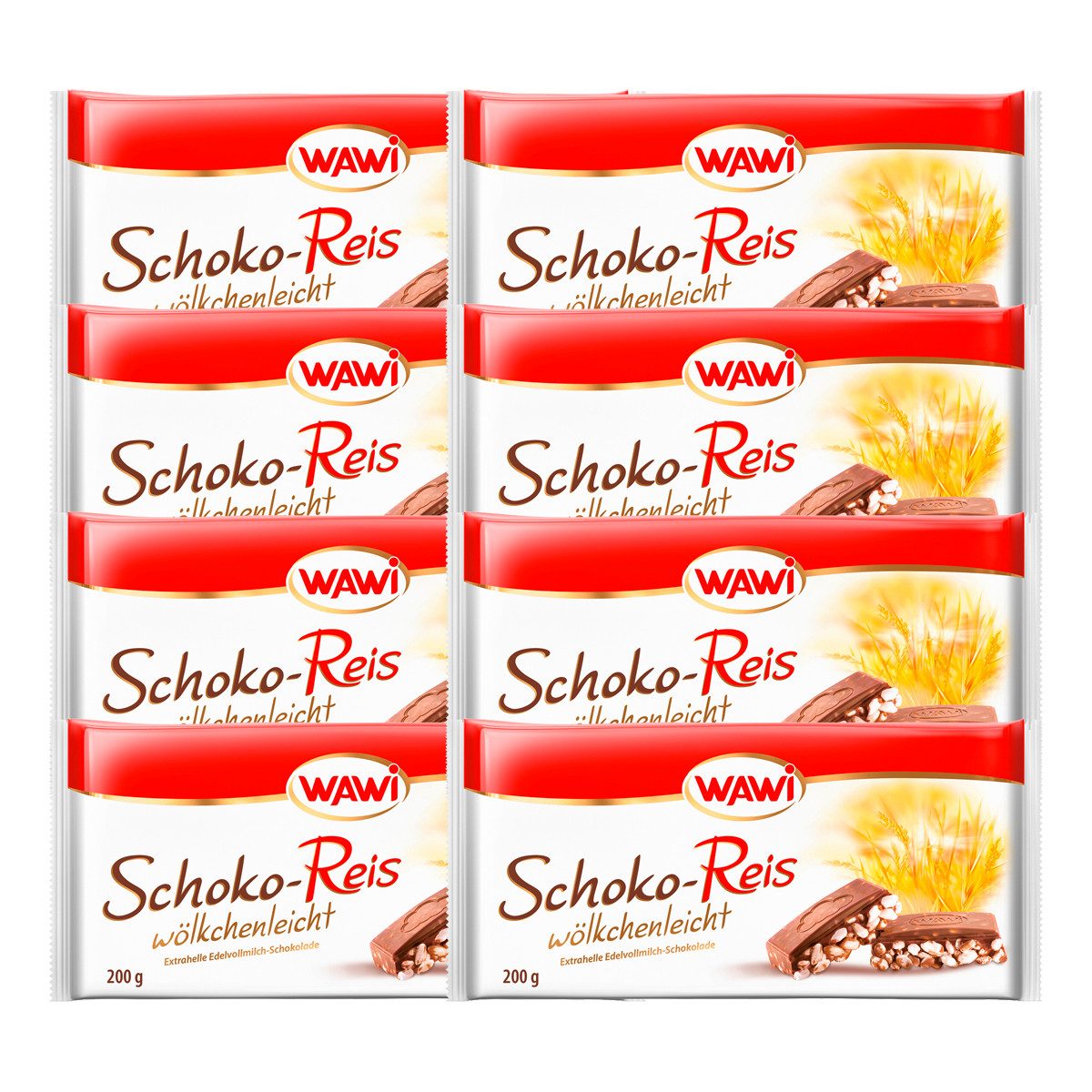 WAWI Schokolade, WAWI Schoko Reis Tafel in Edelvollmilch Schokolade 200g 8er Pack