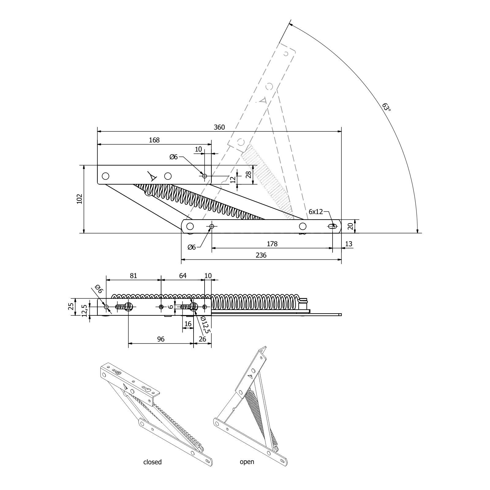 SO-TECH® Winkelbeschlag Bettkastenbeschlag Springaufbeschlag (R+L) Bettkastenscharnier (2 St), Öffnungswinkel 63° mit Federn verzinkt oder weiß