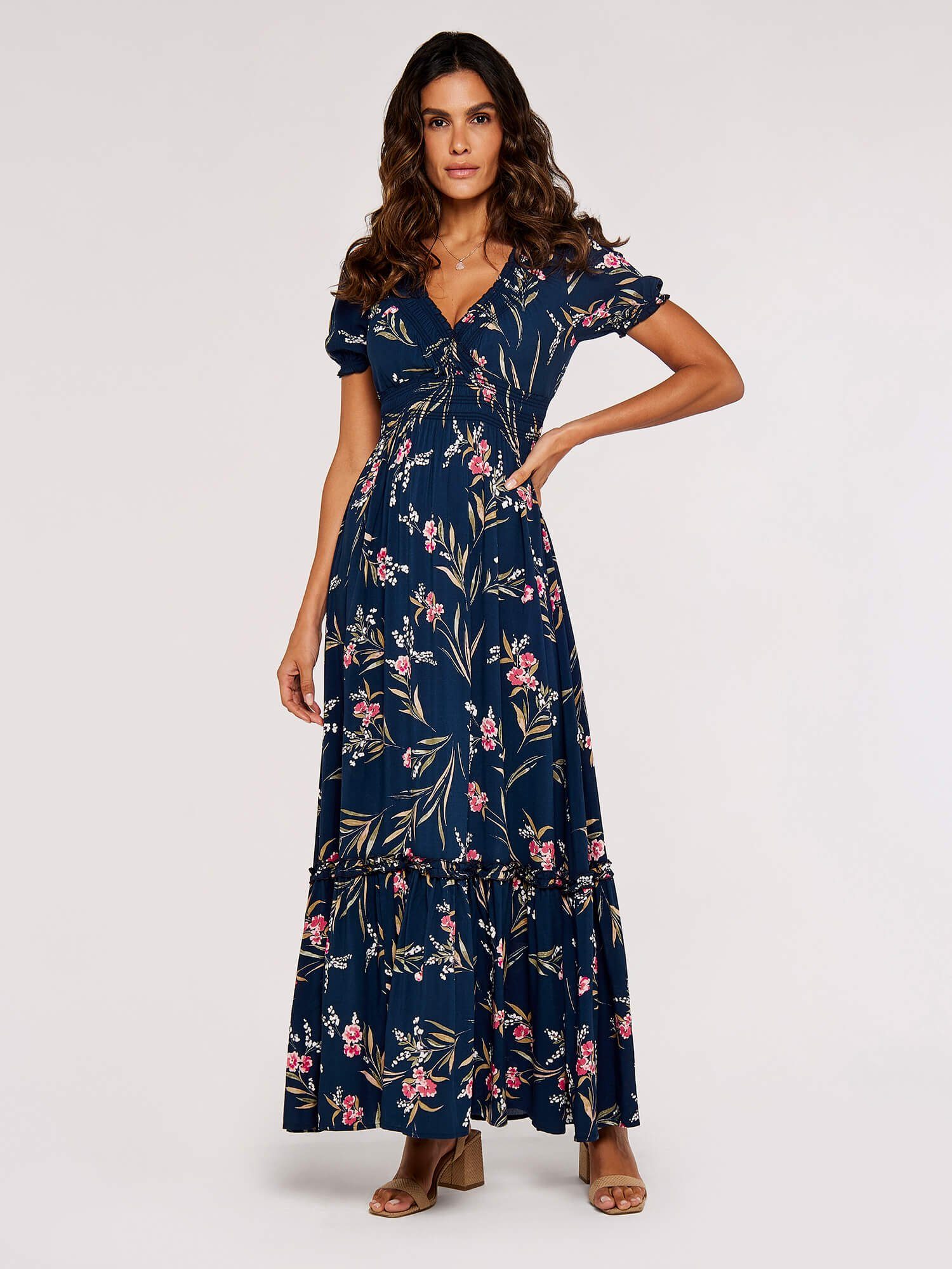 Apricot Druckkleid Florales Maxikleid mit gesmokter Taille – Bild 3 von 5