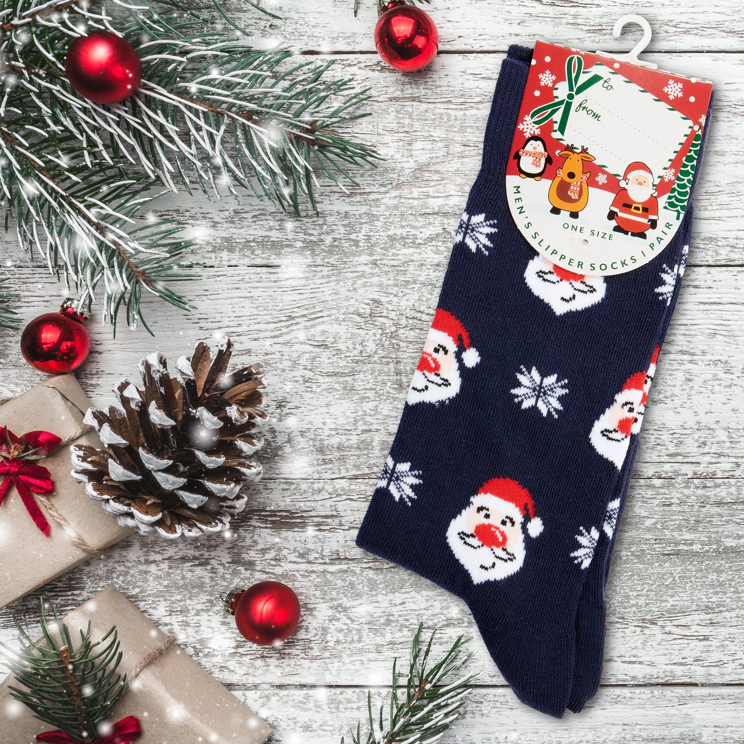 BRUBAKER Socken Herren Weihnachtssocken - Buntes Weihnachtsmotiv Weihnachtsmänner (One Size, 1-Paar, Männer Crew Socks - Geschenk Weihnachten) Kuschelsocken für – Bild 3 von 5