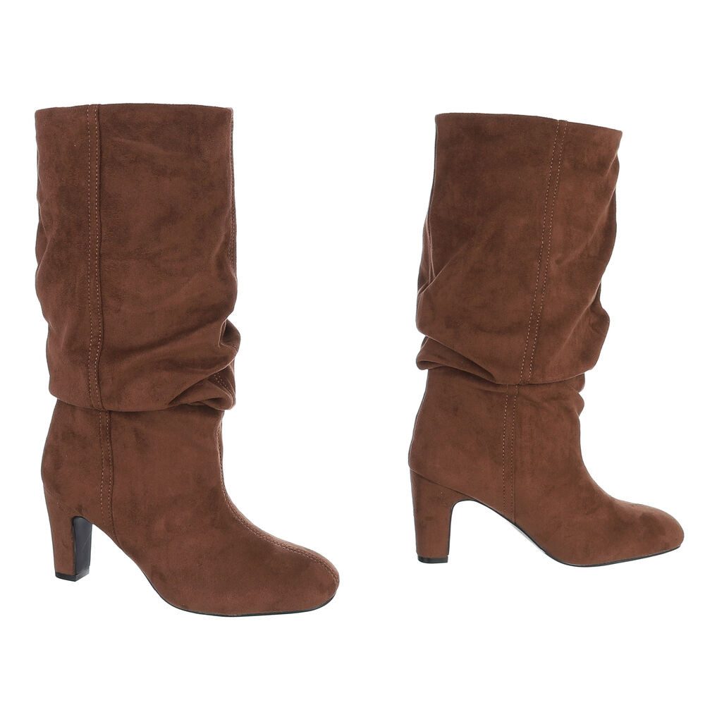 Ital-Design Damen Kniehohe Stiefel mit Blockabsatz und Raffung High-Heel-Stiefel (92422354) Blockabsatz Stiefel in Braun – Bild 4 von 5