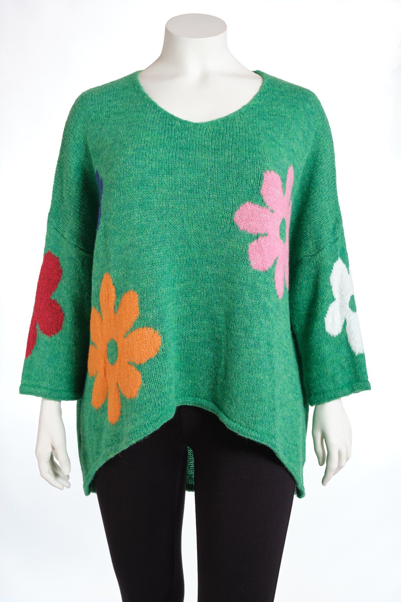 smaragdgrün V-Ausschnitt Pullover (1-tlg) und PEKIVESSA Blumenstickerei Strickpullover Oversize mit