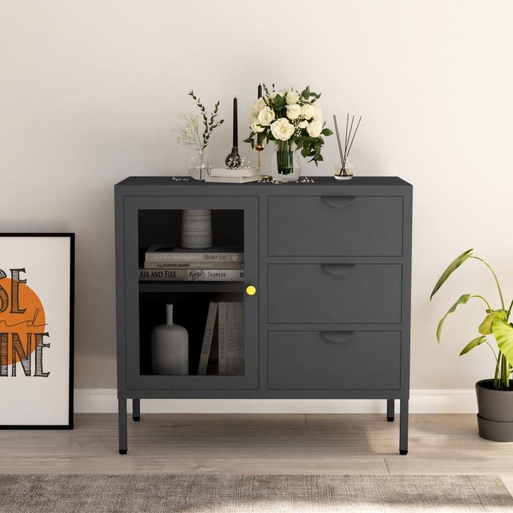 Sideboard aus Metall in Anthrazit mit 3 Schubladen und einer Tür