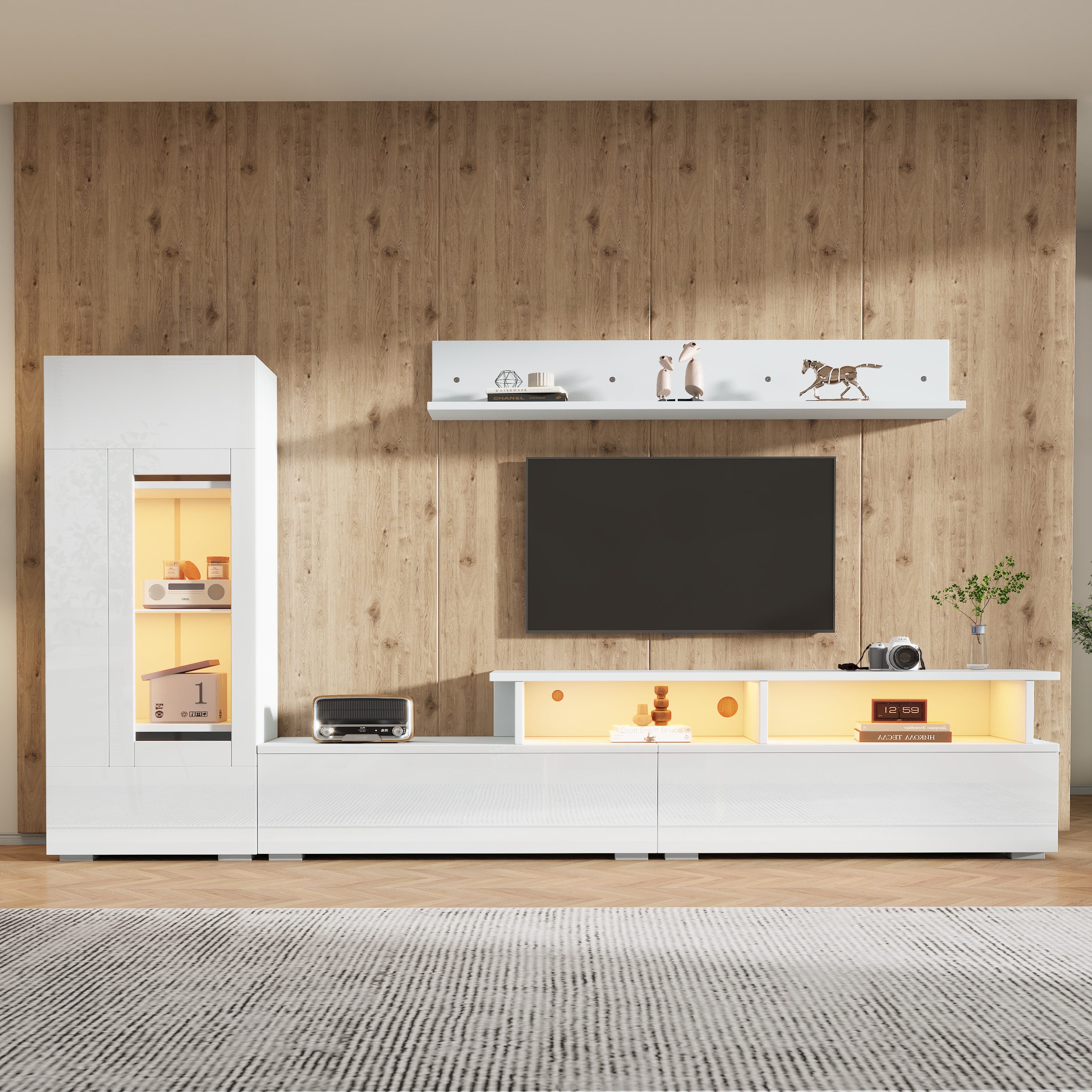 KLAM HOME Wohnwand 3-Teilige Wohnwand Set Mit LED Beleuchtung Und Hochglanz Front, (TV Schrank Vitrine Und Hängeregal Weiß Für TV Bis 75 Zoll), Modernes Wohnzimmer Möbel Set Mit App Steuerbarer Beleuchtung