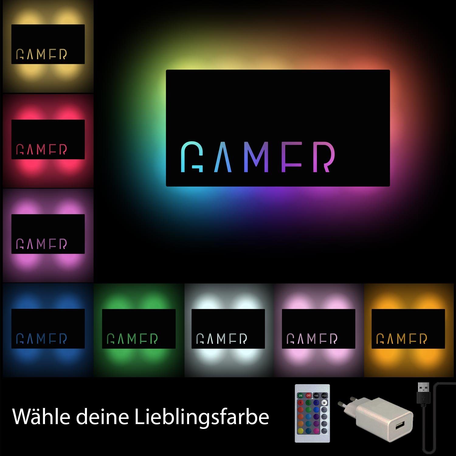 Zocker Namofactur Leuchte LED Weiß integriert, fest Licht RGB Lampe 'Gamer' mit Farbwechsel, Fernbedienung RGB USB Wandlampe, Deko Gamer, Dekolicht LED Wanddeko