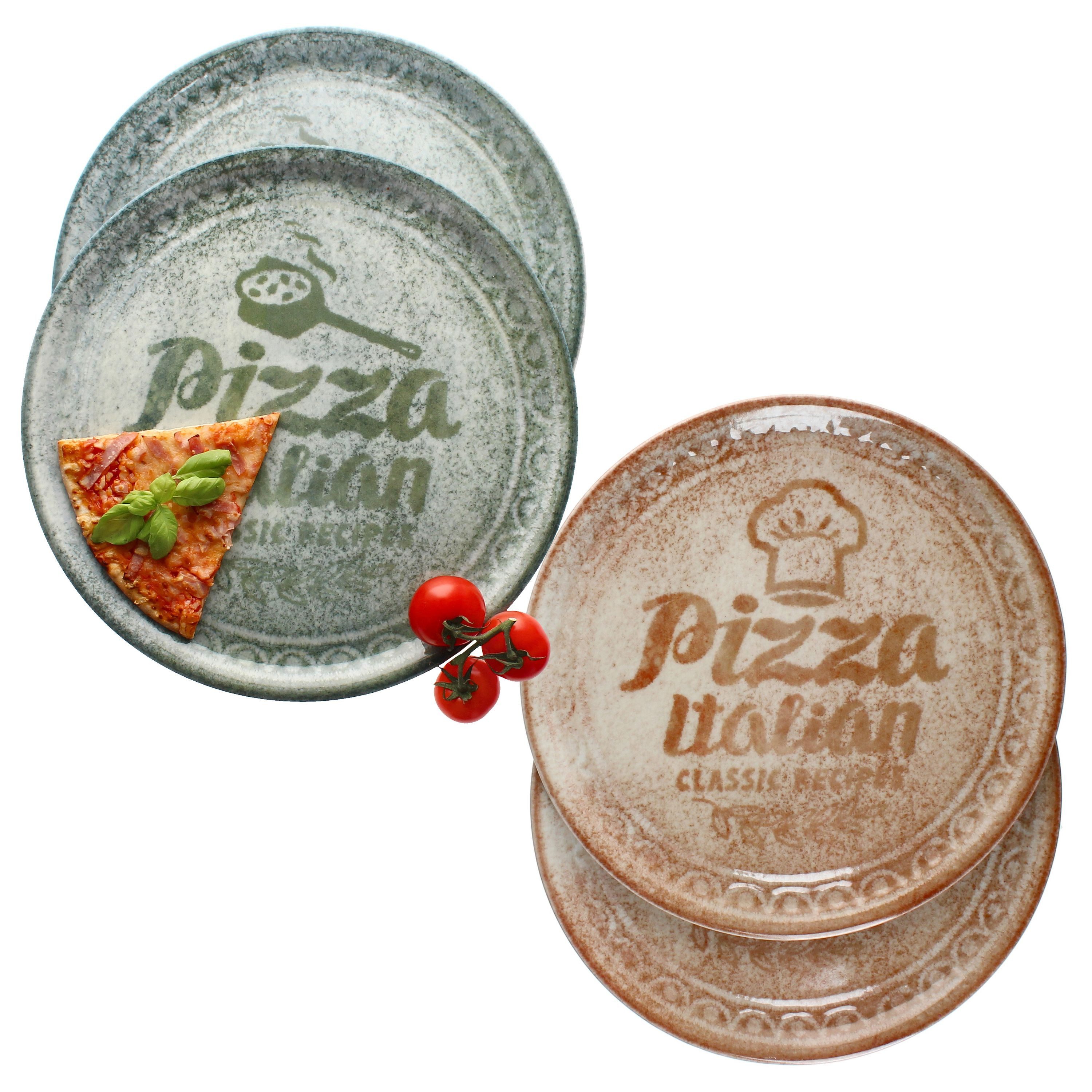 Pizzateller 4x Pizzateller creme & grün Ø33cm 4 Personen XL-Teller Dekor Platte
