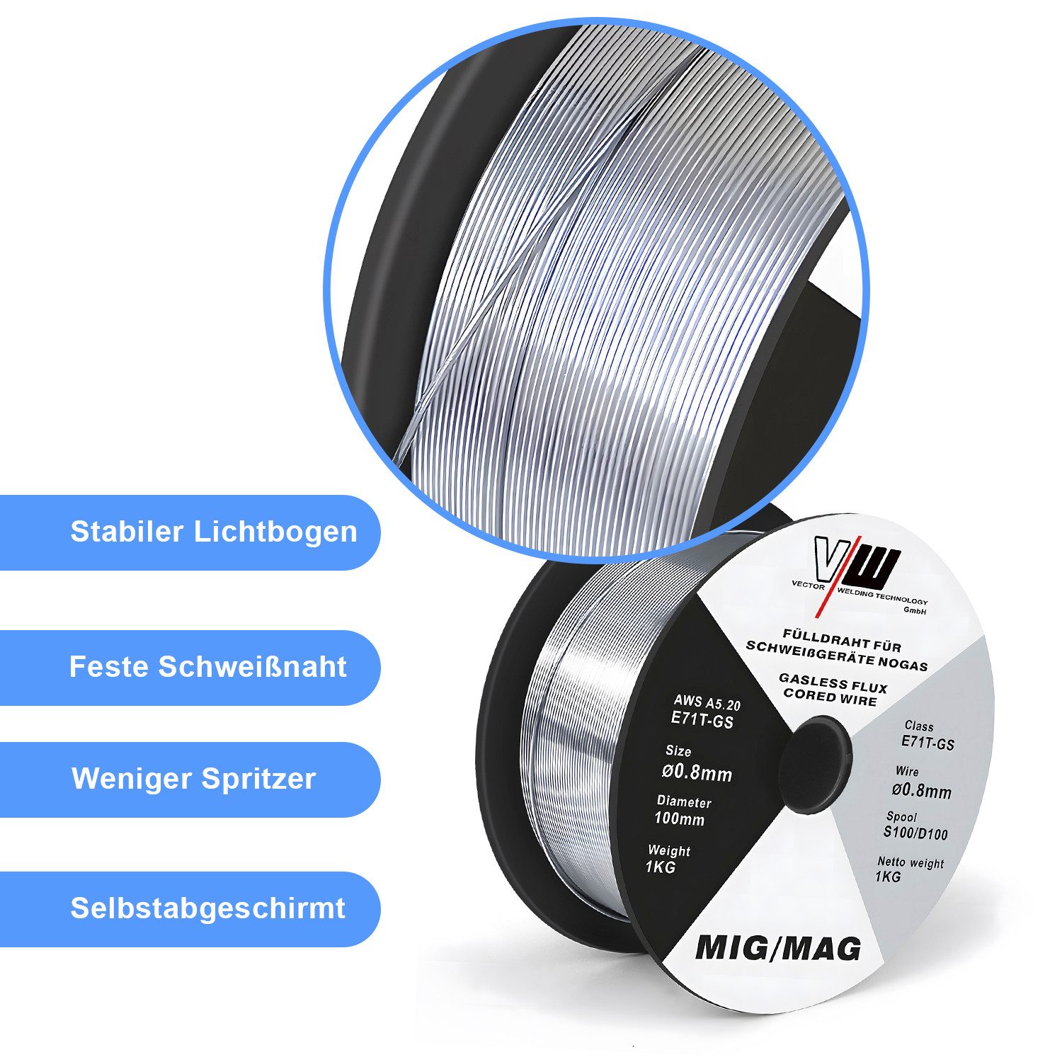 VECTOR WELDING Schweißdraht MIG MAG Fülldraht E71T-GS, 0,8 / 1 kg / 3 X D100 Rolle NoGas